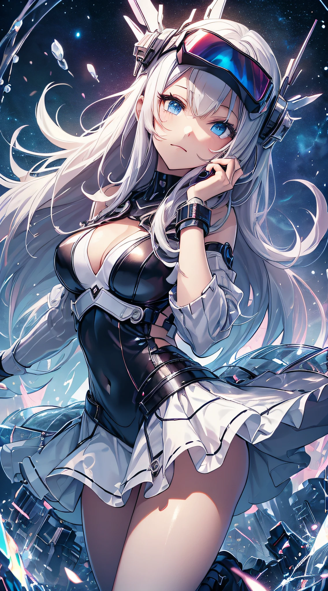 top-quality、Top image quality、​masterpiece、teens girl((White and blue hoodie、Black skirt、18year old、 Ager、Best Bust、big bast,Beautiful light blue eyes, Long silver hair、A slender,Large valleys、Reflecting the whole body、Leaning forward、Attach the VR visor to your eyes、jumping pose、Excited face、play VR)),hiquality、Beautiful Art、Background with(( Cyber World、Cyber World、Space world、masterpiece of the universe、depth of fields,