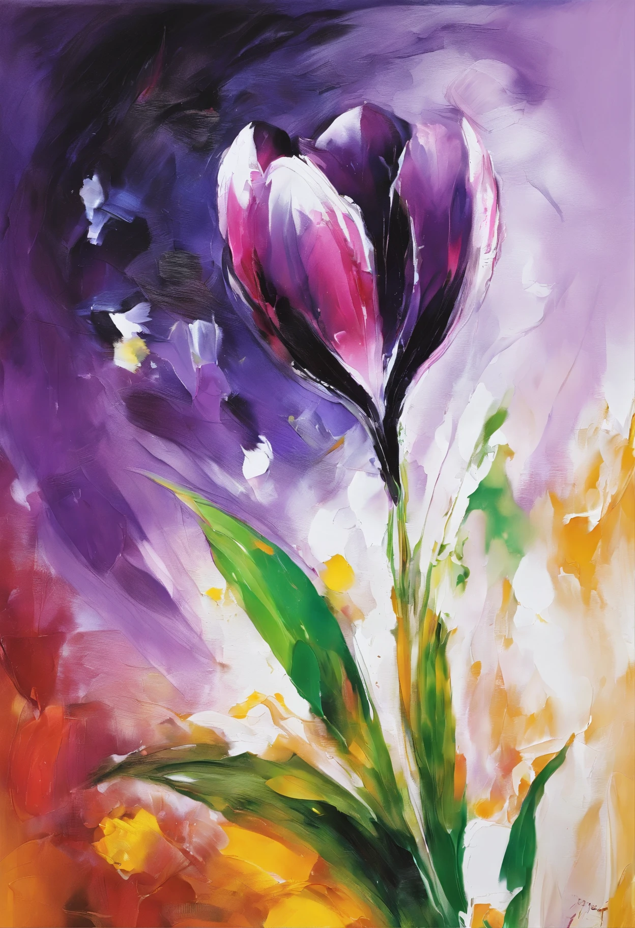 Draw an abstract painting of a single flower.,purple crocus flowers、use acrylic paint、Abstract artist known for his unique use of acrylic pouring, real brush strokes,aesthetic composition,Minimal style, heavy touch strokes、Tortuous shape、Dark purple crocuses symbolize regret and remorse..、express deep regret、The main color of the work is a dark and heavy color of reflection.、Add moist compacted sand、Enhances the texture and tactile elements of your artwork, While staring at this image, oot、Interaction of color and texture、immerse yourself in an atmosphere of repentance、guided by regret、hanging flowers