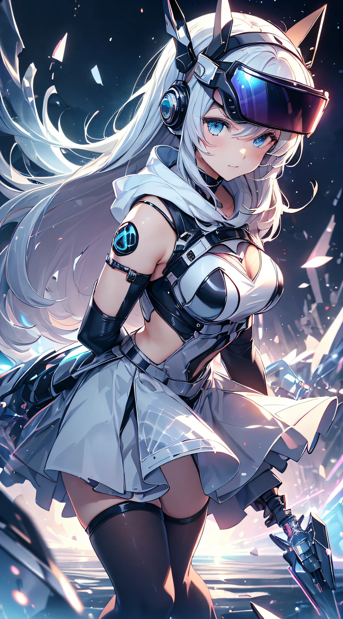 top-quality、Top image quality、masterpiece、s girl((White and blue hoodie、Black skirt、18year old、 Ager、Best Bust、big bast,Beautiful light blue eyes, Long silver hair、A slender,Large valleys、Reflecting the whole body、Leaning forward、Attach the VR visor to your eyes、jumping pose、Excited face、play VR)),hiquality、Beautiful Art、Background with(( Cyber World、Cyber World、Space world、masterpiece of the universe、depth of fields,