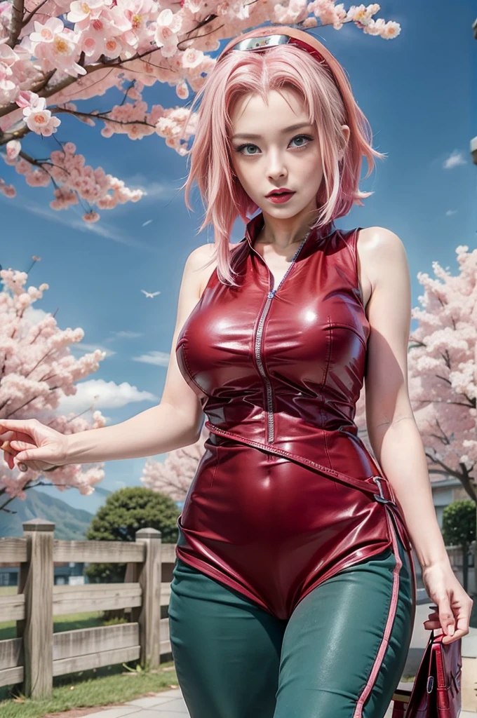 young woman, porcelain skin, short bubblegum pink hair, big red lips, big green eyes, pink eyebrows, red leather dress, Sakura Haruno, 3d, realism