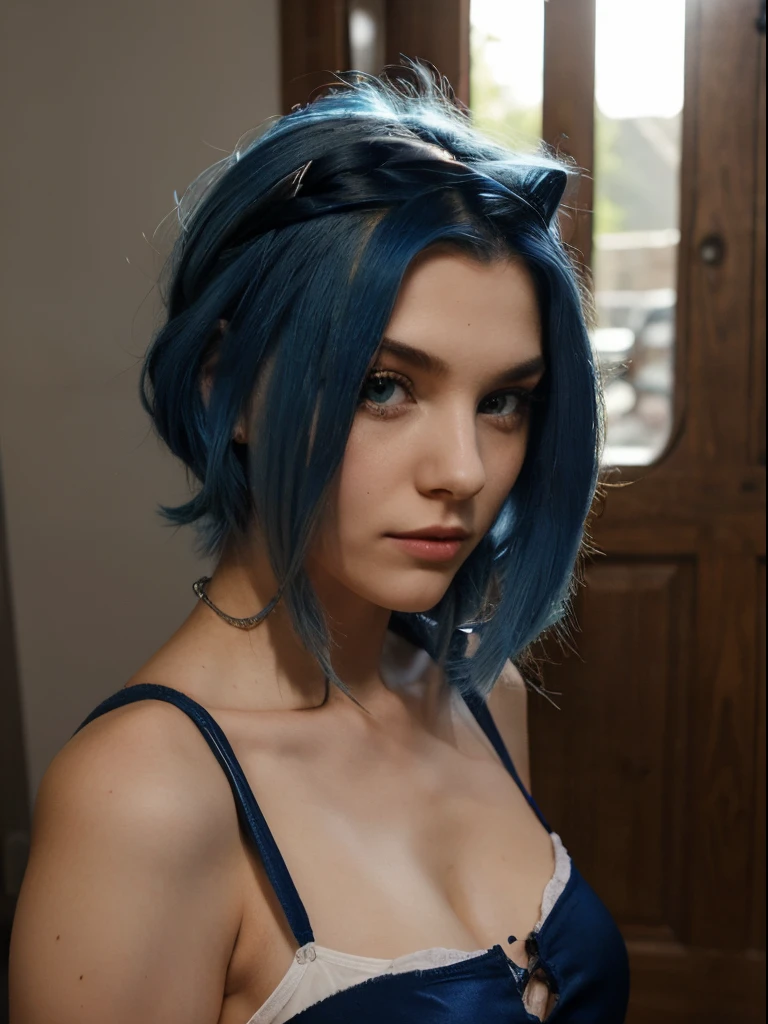 (complex parts: little Emma Watson "(character in realistic human style, woman has big Blue eyes and blue hair, solo 1 girl 18 years old, naked torso, blue hair, Cute, symmetrical face, covered nipples, firm breasts, ((slim build)), Young woman, beak made of pockmarked cat ears, white very short and thin crop top, (black short), I look at the viewer, panties, Medium breasts, Blue eyes, short hair, armor, very sexy)"