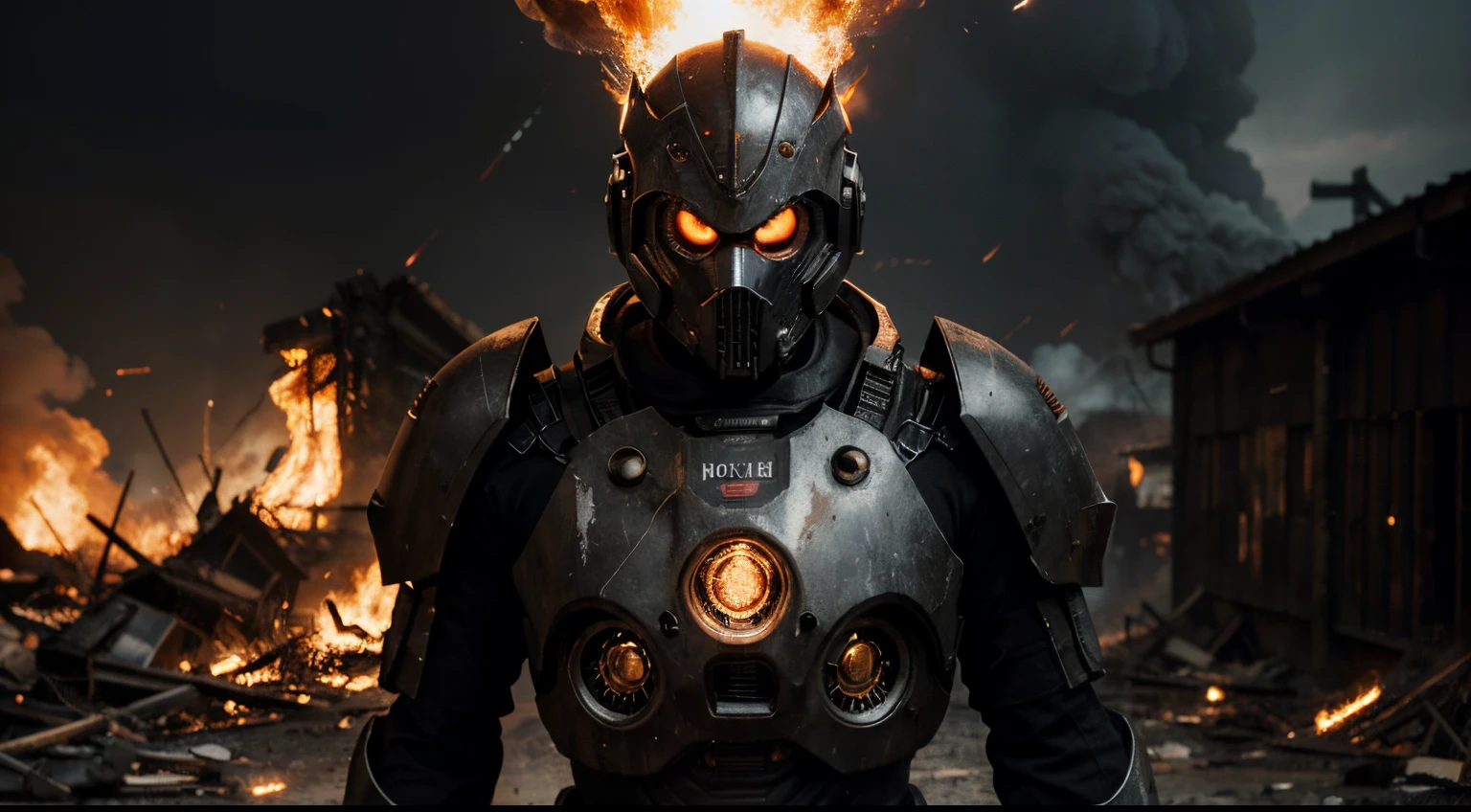 best quality,4K,8K,Hohe Strukturen,masterpiece:1.2),Hyper-Detaillierung,(realistischerweise,fotorealistisch, movie poster, cinematic perspektive, cyborg machine, mask, black metal, glowing eyes, science fiction, shoulder pads, mech suit, upper body, apocalyptic background, apocalypse, sparks, flames, smoke, fire background, explosions, inferno, hell, monsters,