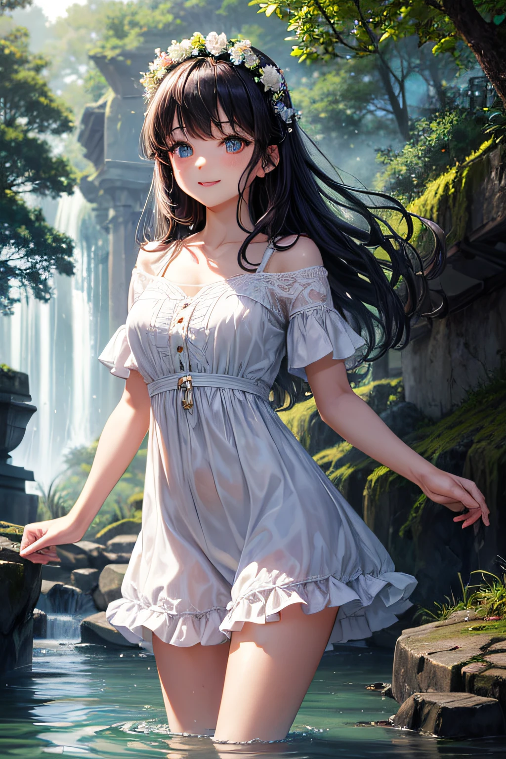 very cute and beautiful girl,white sun dress with detailed frills,skirt lift,white panties,(highly detailed beautiful face and eyes:1.2), cowboy shot,smile,black hair,flower crown, (standing by water spring in forest),fog,fantastic stone monument,detailed landscape, (best quality,masterpiece:1.2),(intricate details),extremely detailed,highres,solo, cinematic lighting,dim light,dynamic angle,hair fluttering in the wind,