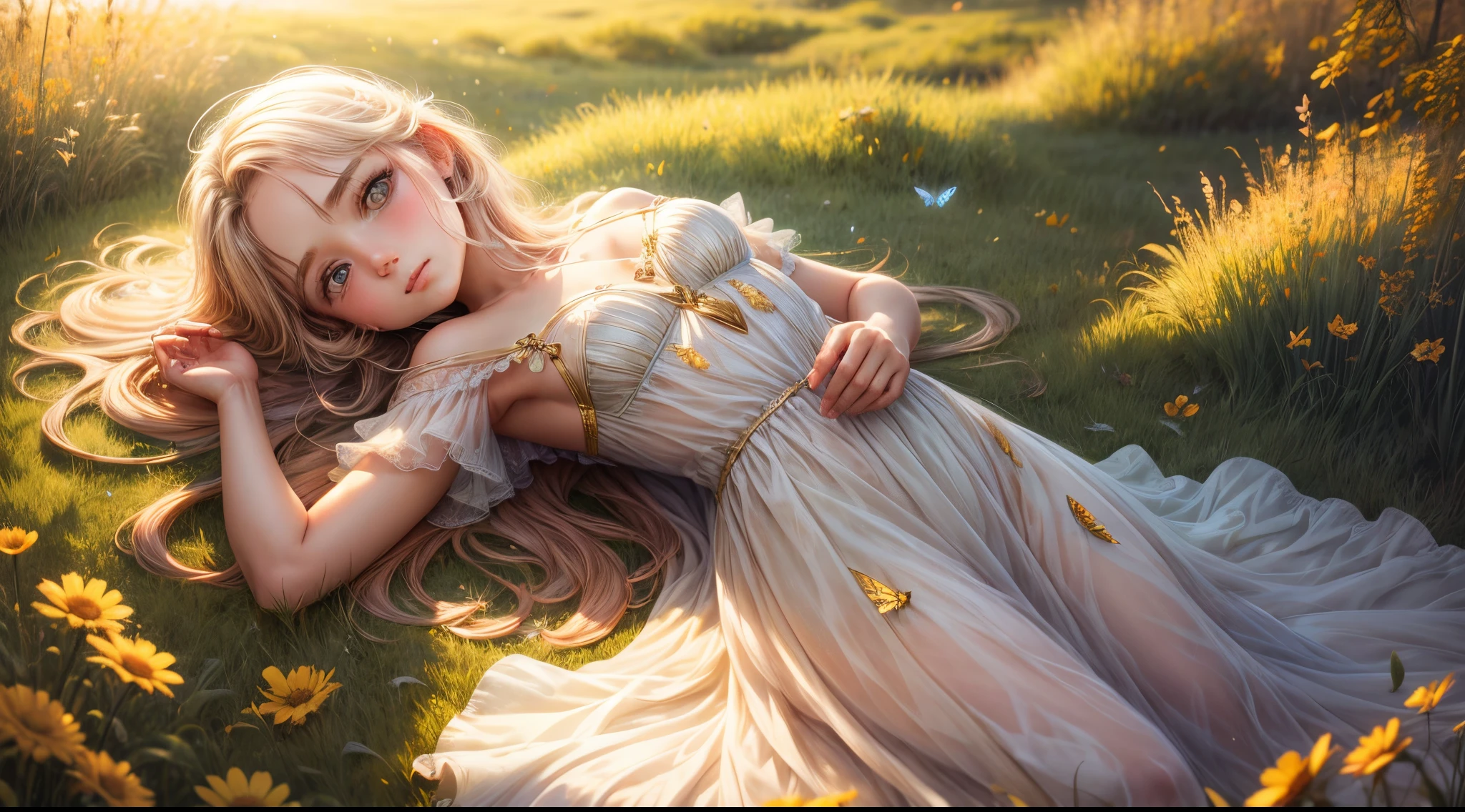 "((Innocent)) girl, golden hour, dreamy meadow, ethereal, whimsical, flowing dress, soft sunlight, enchanting, butterfly wings, (pastel clouds), liquid reflections