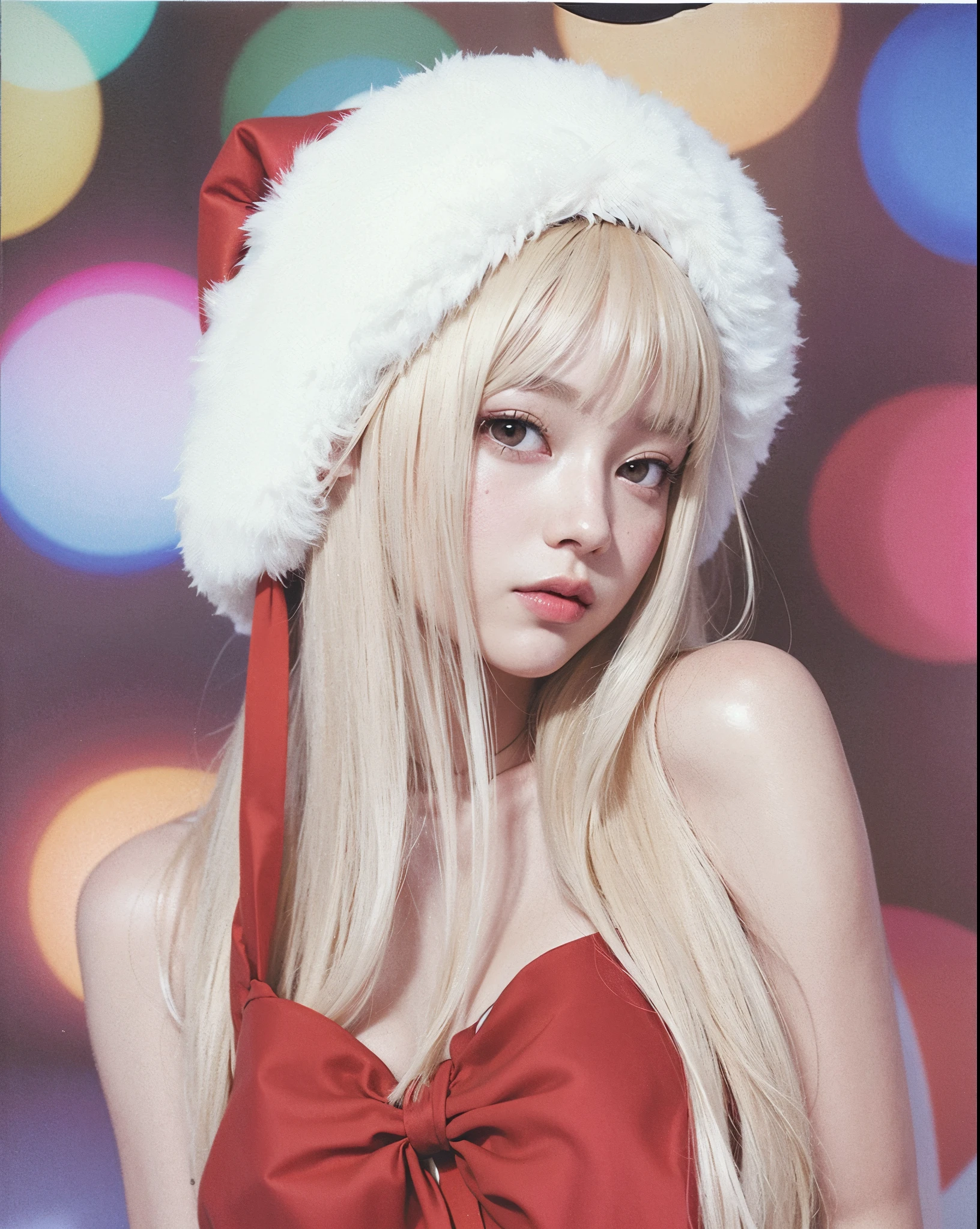 Blond-haired woman wearing Santa hat posing for a photo, Lalisa Manobal, con pelo largo blanco, Hermosa Delphine, Shikamimi, con el pelo largo y blanco, El Corte Hime, Junko Enoshima, con cabello largo y rubio, Lalisa Manoban de Blackpink, V de Devil May Cry As an Elf, Cabello largo y blanco y flequillo
