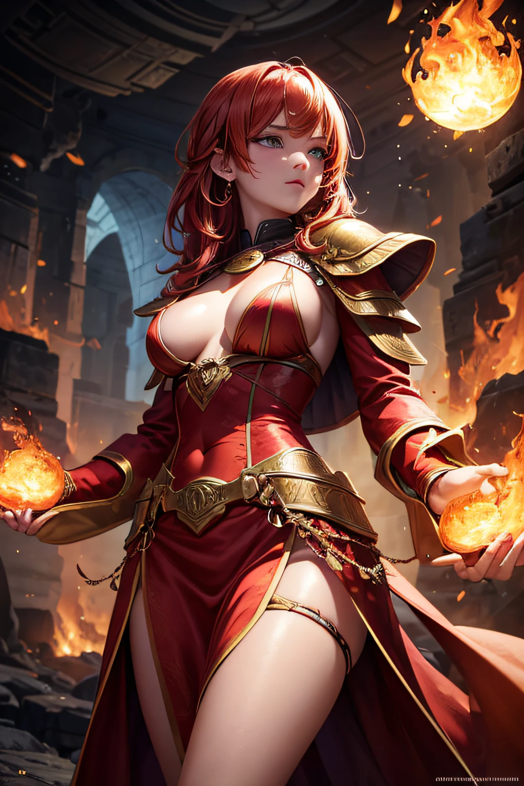 girl, european girl, red hair, fire mage, sorceress, fire goddess, fire covering her body, mages dress made of flames, controling all fire around her, makes balls of fire around her body, ancient cave in background, sexi, small breasts, , highly detailed, vibrant appearance, creative behavior, extremly detailed, imaginative, sensual, spontaneous, highest quality, skin texture, intricate details, (cinematic lighting), RAW photo, 8k, masterpiece,best quality,ultra-detailed,very detailed illustrations,extremely detailed,intricate details,highres,super complex details,extremely detailed 8k cg wallpaper,