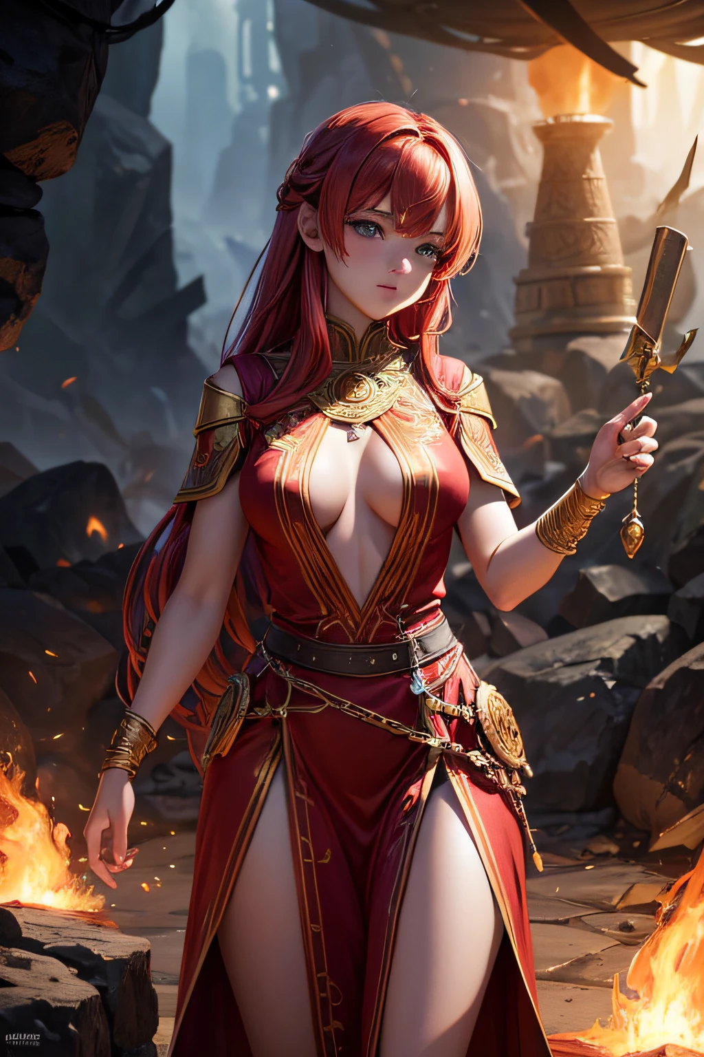 young teen girl, european girl, red hair, fire mage, sorceress, fire goddess, fire covering her body, mages dress made of flames, controling all fire around her, makes balls of fire around her body, ancient cave in background, sexi, small breasts, , highly detailed, vibrant appearance, creative behavior, extremly detailed, imaginative, sensual, spontaneous, highest quality, skin texture, intricate details, (cinematic lighting), RAW photo, 8k, masterpiece,best quality,ultra-detailed,very detailed illustrations,extremely detailed,intricate details,highres,super complex details,extremely detailed 8k cg wallpaper,