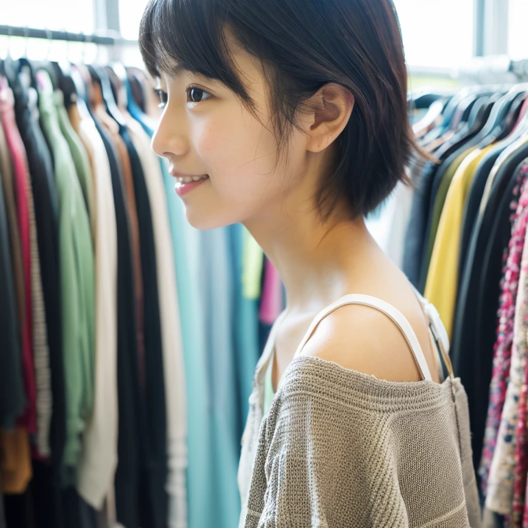 An ultra-high picture quality、Perfect Photo、japanes、japanese beauty girl、15yo student、((((profile))))、Small eyes、Slender eyes、dressing room、summer clothing、Photography Staff、Photography Studio、A dark-haired、Okabo head、Layer Hair、look at side、