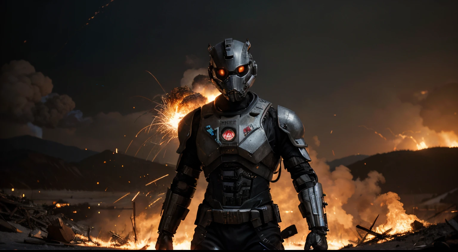best quality,4K,8K,Hohe Strukturen,masterpiece:1.2),Hyper-Detaillierung,(realistischerweise,fotorealistisch, movie poster, cinematic perspektive, cyborg, robot, machine, mask, black metal, glowing eyes, science fiction, shoulder pads, mech suit, upper body, apocalyptic background, apocalypse, sparks, flames, smoke, fire background, explosions, inferno, hell,