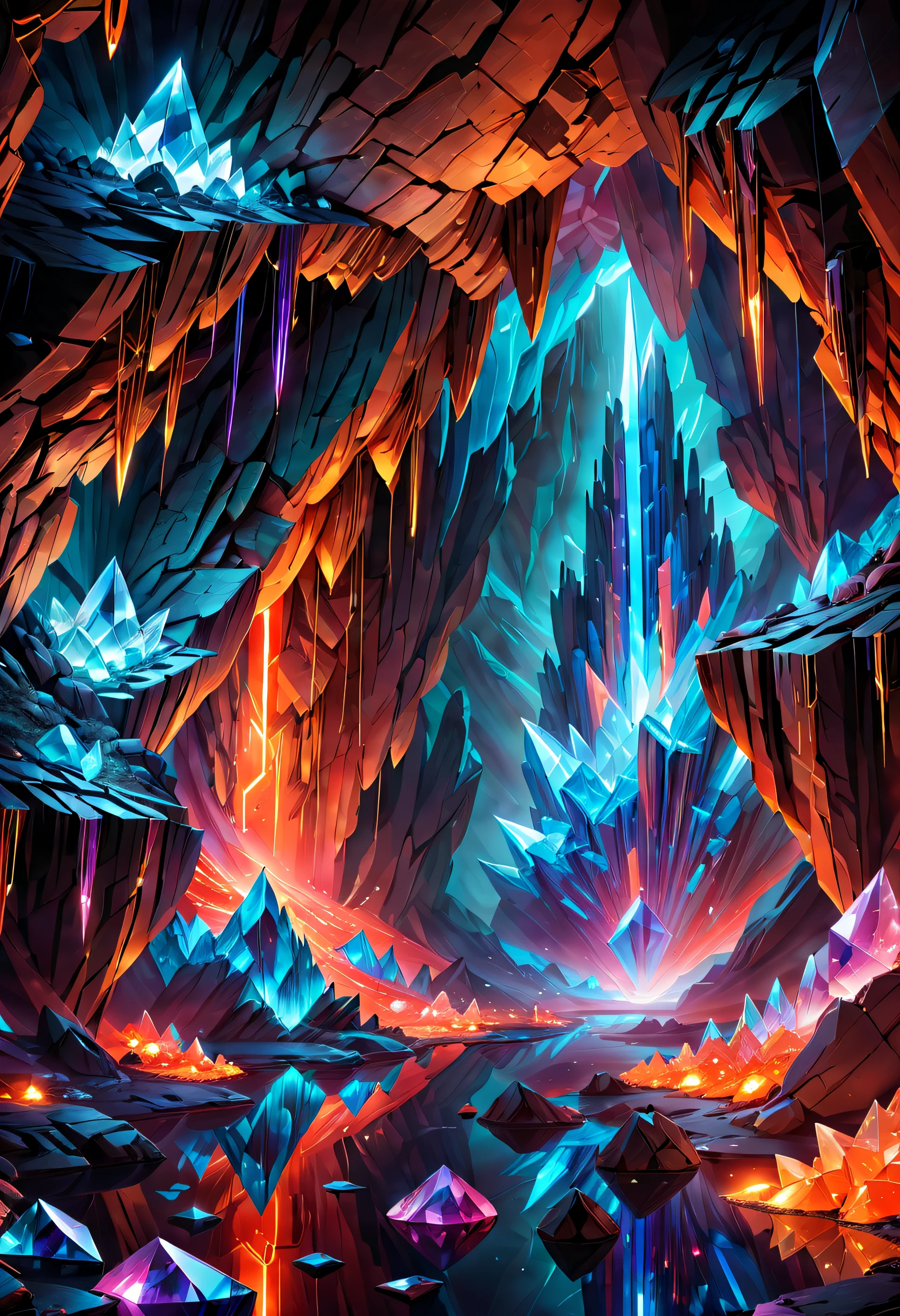 (Best quality at best, 8K, A high resolution, tmasterpiece:1.2), （ultra - detailed), (Mysterious and spectacular underground crystal cave: 1.5), (looking through the round hole: 1.5), The walls and floors are covered with countless huge ornate crystals。These crystals come in various shapes and colors，a bit like a spire，It&#39;s a bit like stalactites. There are also some gem-like crystals here., dreamy glow，luminous neon lights，cyberpunk cave, Crystal electric red and bright orange, Reflective crystal surface, sci-fi vibes, streamlined cave, A cave that combines magic and technology, holographic projections, Light-emitting circuit lines, unforgettable beauty, An otherworldly fantasy wonderland, complex arrangement, Ominous and mysterious atmosphere, electric sparks, Shiny chrome plated platinum bullet ，concept-art, fantasy themed,Volumetriclighting, globalillumination, hyper HD，brightened light，RGB color，vibrant with colors，crystal glass style