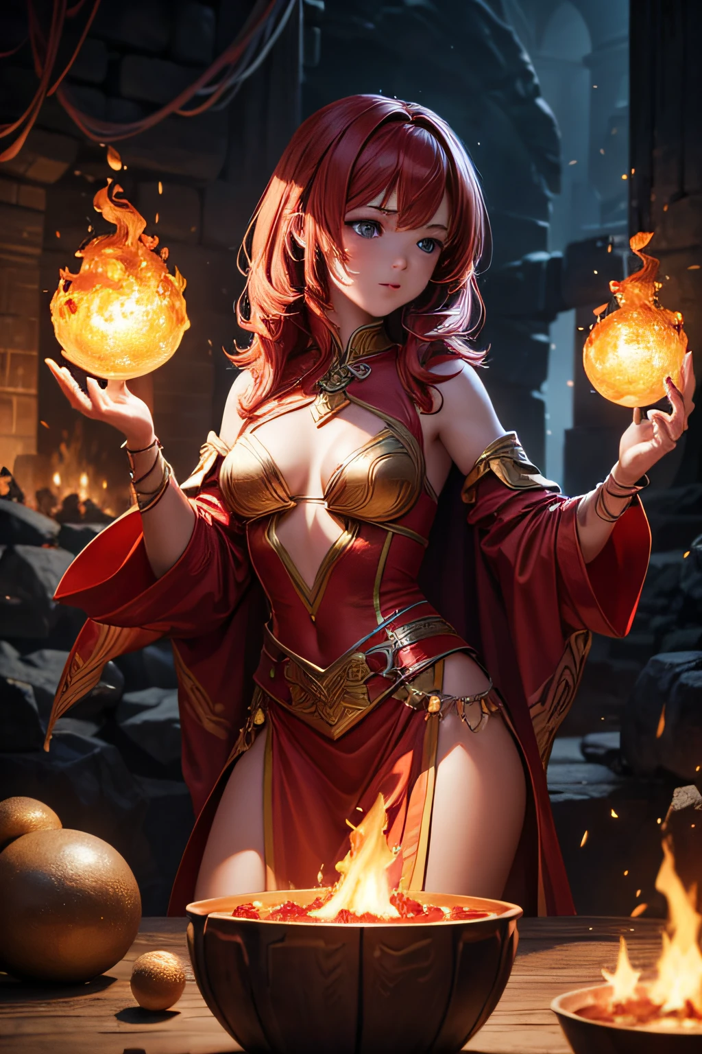 young girl, european girl, red hair, fire mage, sorceress, fire goddess, fire covering her body, mages dress made of flames, controling all fire around her, makes balls of fire around her body, ancient cave in background, sexi, small breasts, , highly detailed, vibrant appearance, creative behavior, extremly detailed, imaginative, sensual, spontaneous, highest quality, skin texture, intricate details, (cinematic lighting), RAW photo, 8k, masterpiece,best quality,ultra-detailed,very detailed illustrations,extremely detailed,intricate details,highres,super complex details,extremely detailed 8k cg wallpaper,