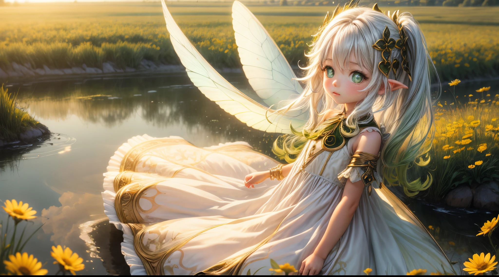 "((Innocent)) girl, golden hour, dreamy meadow, ethereal, whimsical, flowing dress, soft sunlight, enchanting, butterfly wings, (pastel clouds), liquid reflections