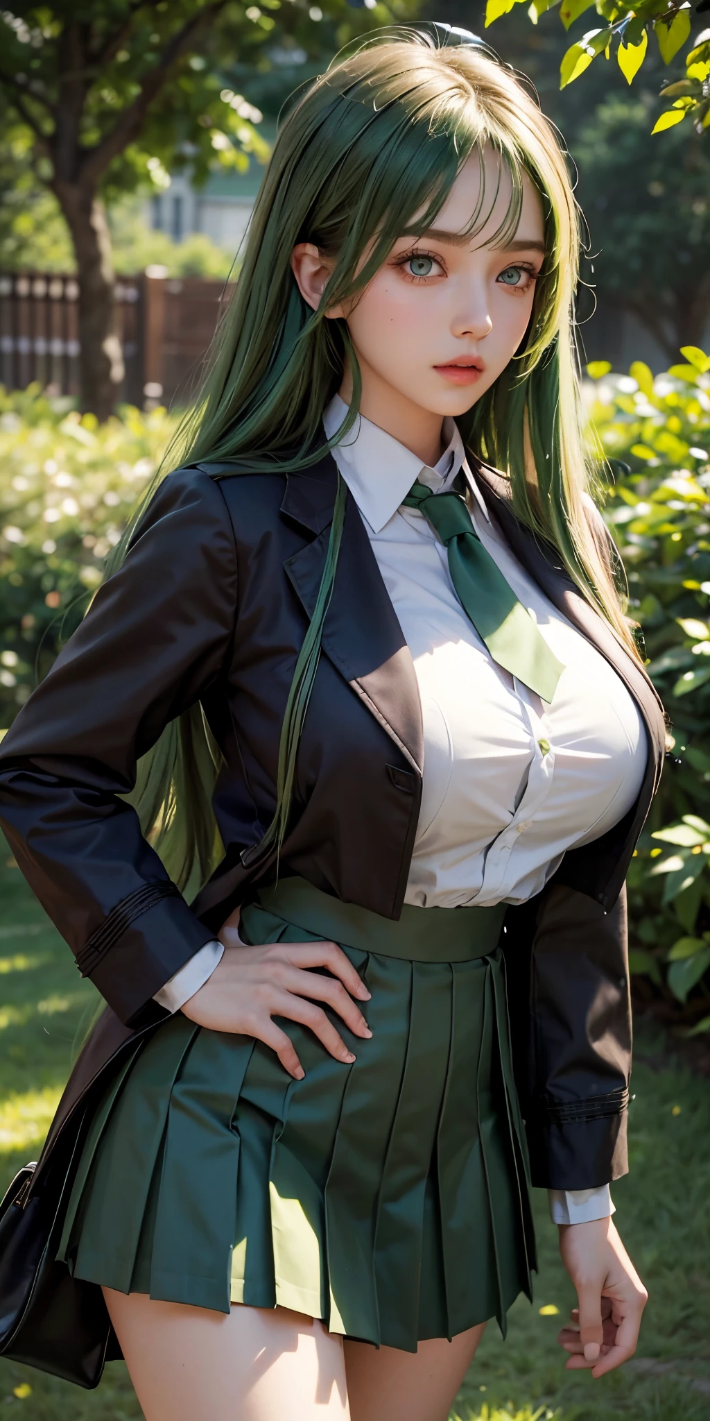 1girl,huge breast, green hair, long hair, green eyes ,brown school uniform, high quality, ultra detailed, masterpiece, realistic
