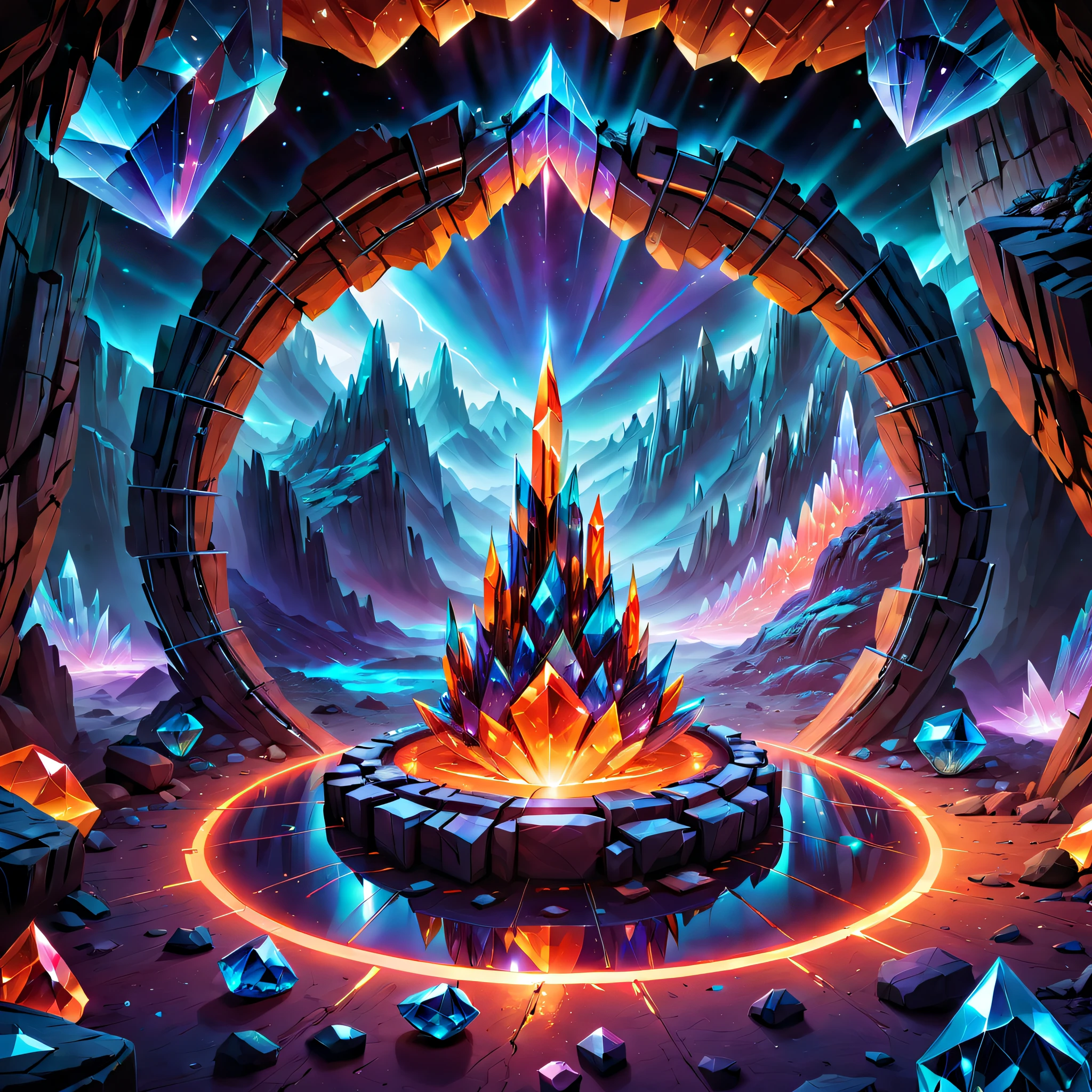 (Best quality at best, 8K, A high resolution, tmasterpiece:1.2), (ultra - detailed), (Mysterious and spectacular underground crystal cave: 1.5), (looking through the round hole: 1.5), The walls and floors are covered with countless huge ornate crystals。These crystals come in various shapes and colors,a bit like a spire,It's a bit like stalactites. There are also some gem-like crystals here., dreamy glow,luminous neon lights,cyberpunk cave, Crystal electric red and bright orange, Reflective crystal surface, sci-fi vibes, streamlined cave, A cave that combines magic and technology, holographic projections, Light-emitting circuit lines, unforgettable beauty, An otherworldly fantasy wonderland, complex arrangement, Ominous and mysterious atmosphere, electric sparks, Shiny chrome plated platinum bullet ,concept-art, fantasy themed,Volumetriclighting, globalillumination, hyper HD,brightened light,RGB color,vibrant with colors,crystal glass style