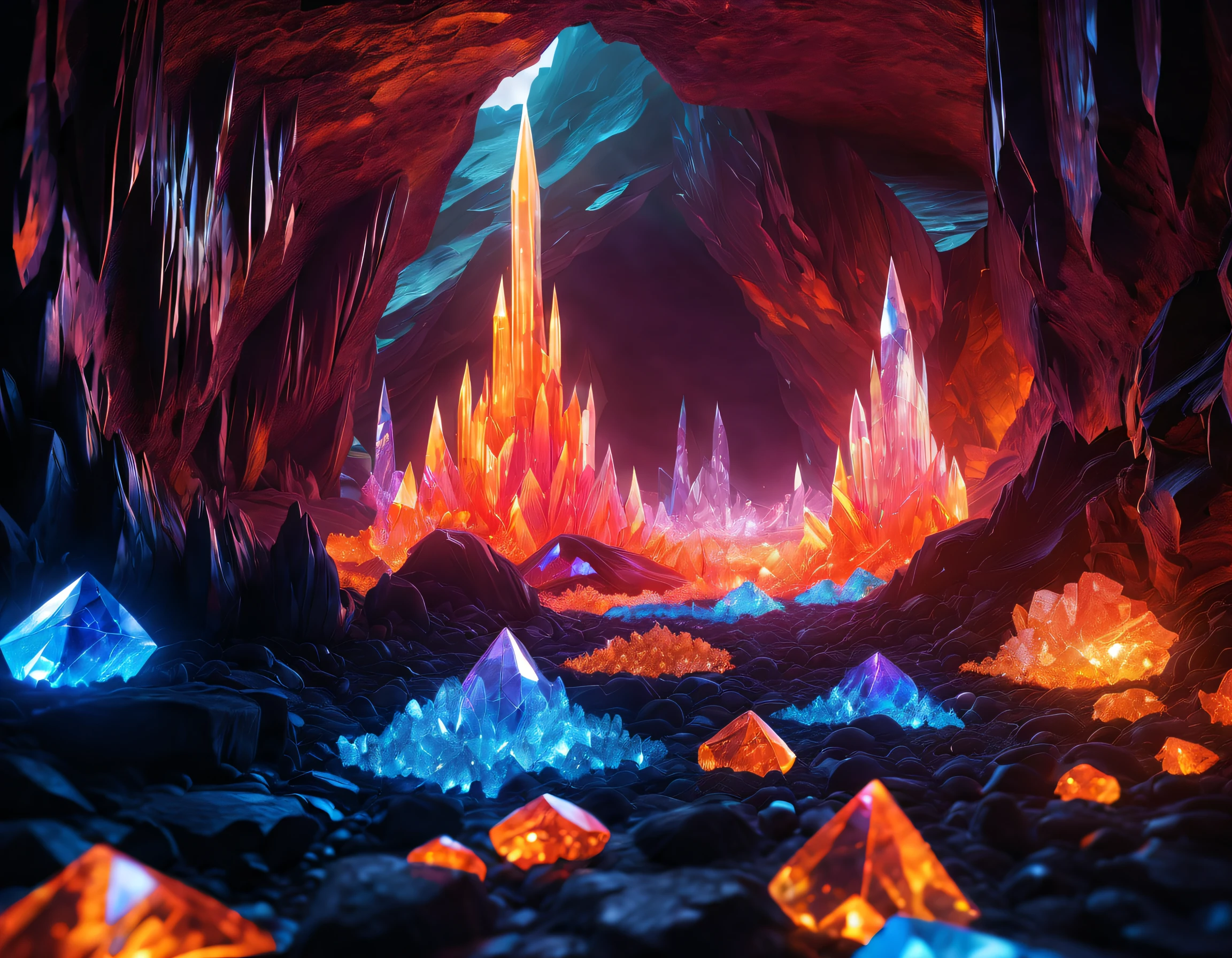 (Best quality at best, 8K, A high resolution, tmasterpiece:1.2), (ultra - detailed), (Mysterious and spectacular underground crystal cave: 1.5), (looking through the round hole: 1.5), The walls and floors are covered with countless huge ornate crystals。These crystals come in various shapes and colors,a bit like a spire,It's a bit like stalactites. There are also some gem-like crystals here., dreamy glow,luminous neon lights,cyberpunk cave, Crystal electric red and bright orange, Reflective crystal surface, sci-fi vibes, streamlined cave, A cave that combines magic and technology, holographic projections, Light-emitting circuit lines, unforgettable beauty, An otherworldly fantasy wonderland, complex arrangement, Ominous and mysterious atmosphere, electric sparks, Shiny chrome plated platinum bullet ,concept-art, fantasy themed,Volumetriclighting, globalillumination, hyper HD,brightened light,RGB color,vibrant with colors,crystal glass style