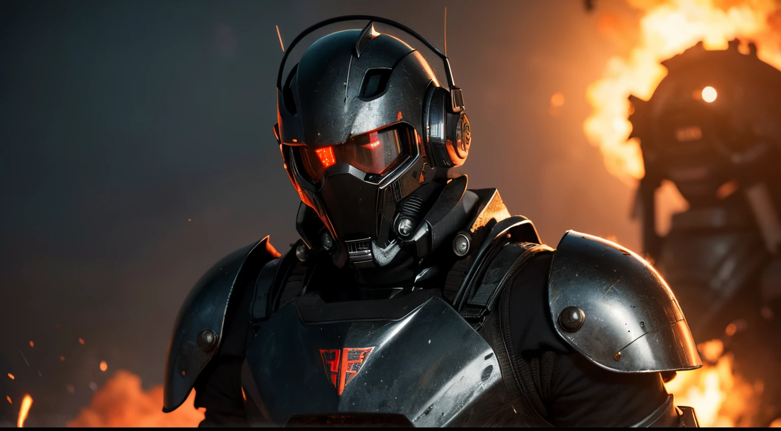 best quality,4K,8K,Hohe Strukturen,masterpiece:1.2),Hyper-Detaillierung,(realistischerweise,fotorealistisch, movie poster, cinematic perspektive, cyborg, robot, machine, mask, black metal, glowing eyes, science fiction, shoulder pads, mech suit, upper body, apocalyptic background, apocalypse, sparks, flames, smoke, fire background, explosions, inferno, hell,