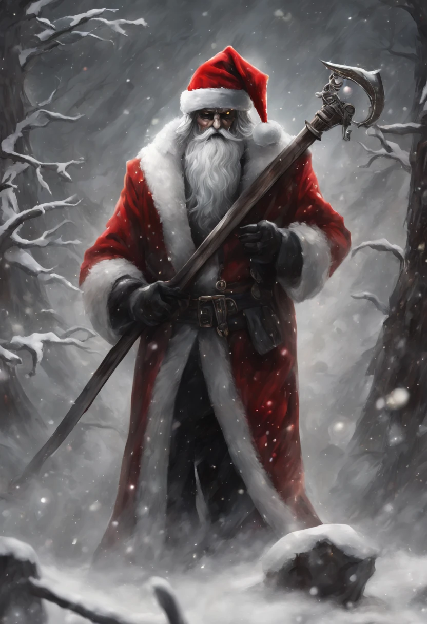 (full body shot:1.6), (Masterpiece, photorealistic, photorealism, best quality, ultra-detailed:1.3), (nice hands, perfect hands), official art, cinematic light, breathtaking artwork silhouette style concept art The fusion of the stylish Reaper and the jolly Santa Claus into a single being, known as 'Reaper Claus'. This unique character combines elements of both the Reaper and Santa Claus in a harmonious and creative manner. Reaper Claus wears a cloak that blends the dark, sleek style of the Reaper with the festive red and white of Santa's suit. The cloak could have elegant, modern lines infused with traditional holiday patterns. In one hand, Reaper Claus holds a scythe that is now decorated with festive ornaments or colors. The character exudes a balanced aura of mystery and cheerfulness. The background is a fusion of a wintry holiday landscape and the ethereal, darker realm of the Reaper, symbolizing the blend of both worlds