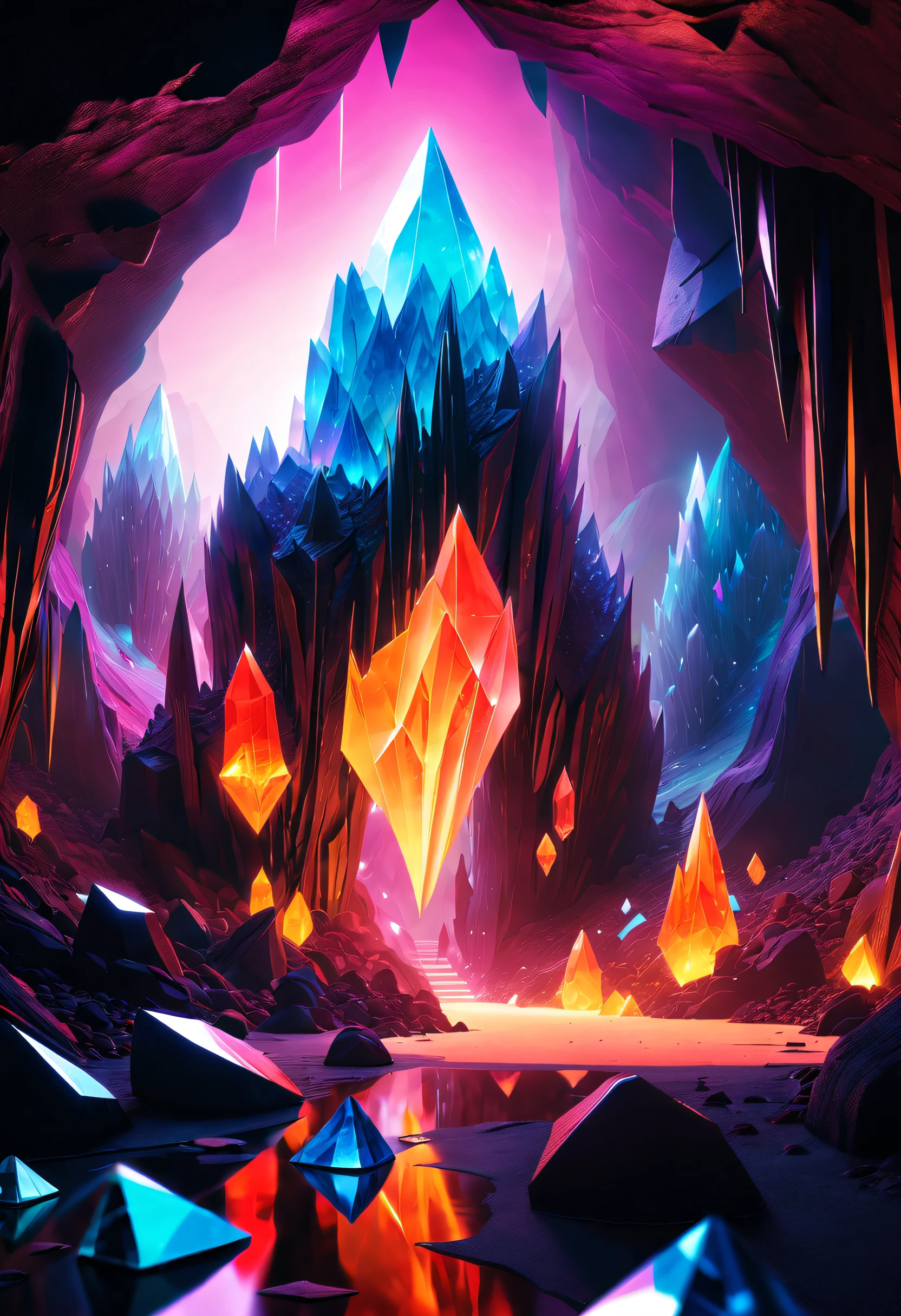 (Best quality at best, 8K, A high resolution, tmasterpiece:1.2), （ultra - detailed), (Mysterious and spectacular underground crystal cave: 1.5), (looking through the round hole: 1.5), The walls and floors are covered with countless huge ornate crystals。These crystals come in various shapes and colors，a bit like a spire，It&#39;s a bit like stalactites. There are also some gem-like crystals here., dreamy glow，luminous neon lights，cyberpunk cave, Crystal electric red and bright orange, Reflective crystal surface, sci-fi vibes, streamlined cave, A cave that combines magic and technology, holographic projections, Light-emitting circuit lines, unforgettable beauty, An otherworldly fantasy wonderland, complex arrangement, Ominous and mysterious atmosphere, electric sparks, Shiny chrome plated platinum bullet ，concept-art, fantasy themed,Volumetriclighting, globalillumination, hyper HD，brightened light，RGB color，vibrant with colors，crystal glass style