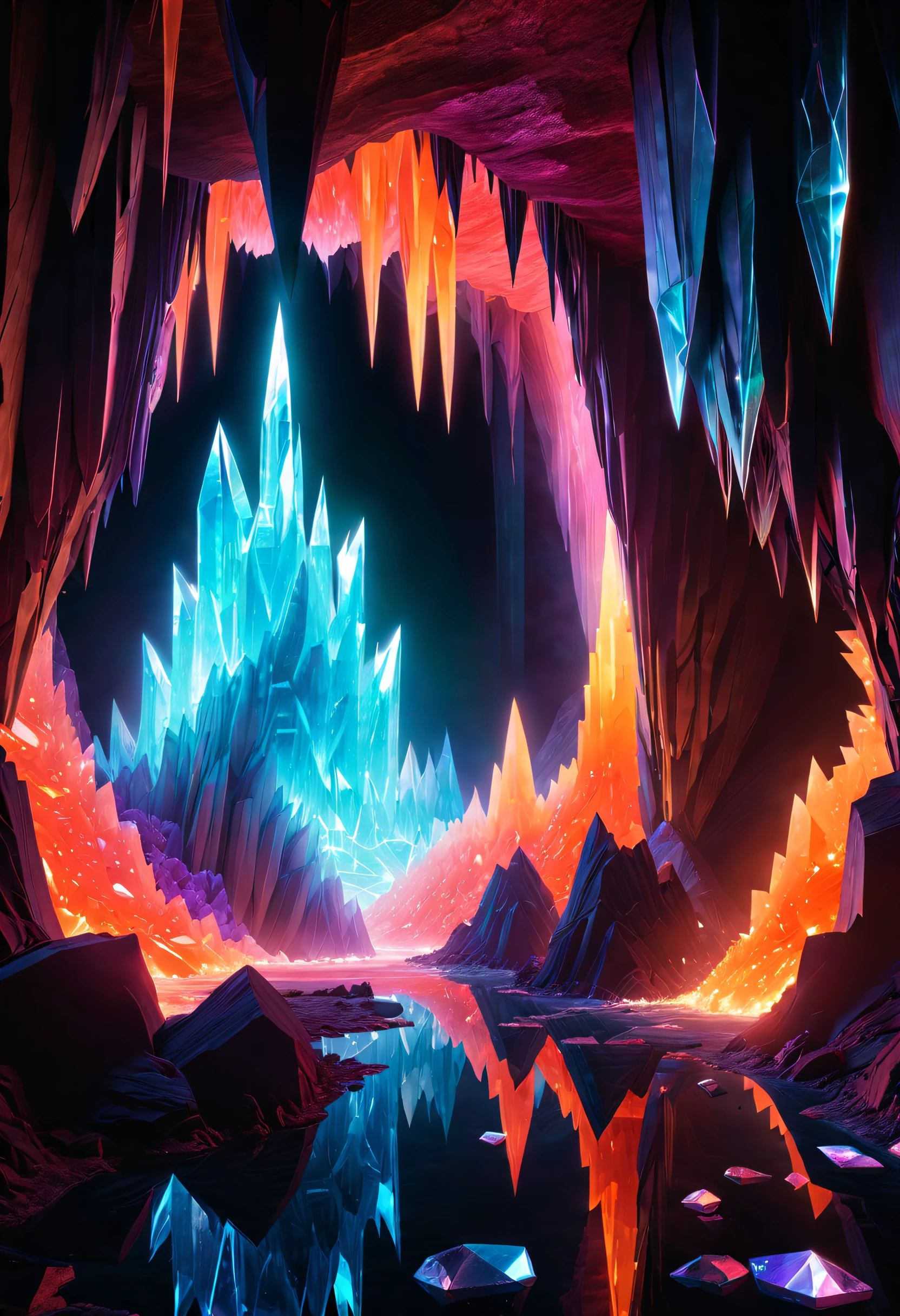 (Best quality at best, 8K, A high resolution, tmasterpiece:1.2), （ultra - detailed), (Mysterious and spectacular underground crystal cave: 1.5), (looking through the round hole: 1.5), The walls and floors are covered with countless huge ornate crystals。These crystals come in various shapes and colors，a bit like a spire，It&#39;s a bit like stalactites. There are also some gem-like crystals here., dreamy glow，luminous neon lights，cyberpunk cave, Crystal electric red and bright orange, Reflective crystal surface, sci-fi vibes, streamlined cave, A cave that combines magic and technology, holographic projections, Light-emitting circuit lines, unforgettable beauty, An otherworldly fantasy wonderland, complex arrangement, Ominous and mysterious atmosphere, electric sparks, Shiny chrome plated platinum bullet ，concept-art, fantasy themed,Volumetriclighting, globalillumination, hyper HD，brightened light，RGB color，vibrant with colors，crystal glass style