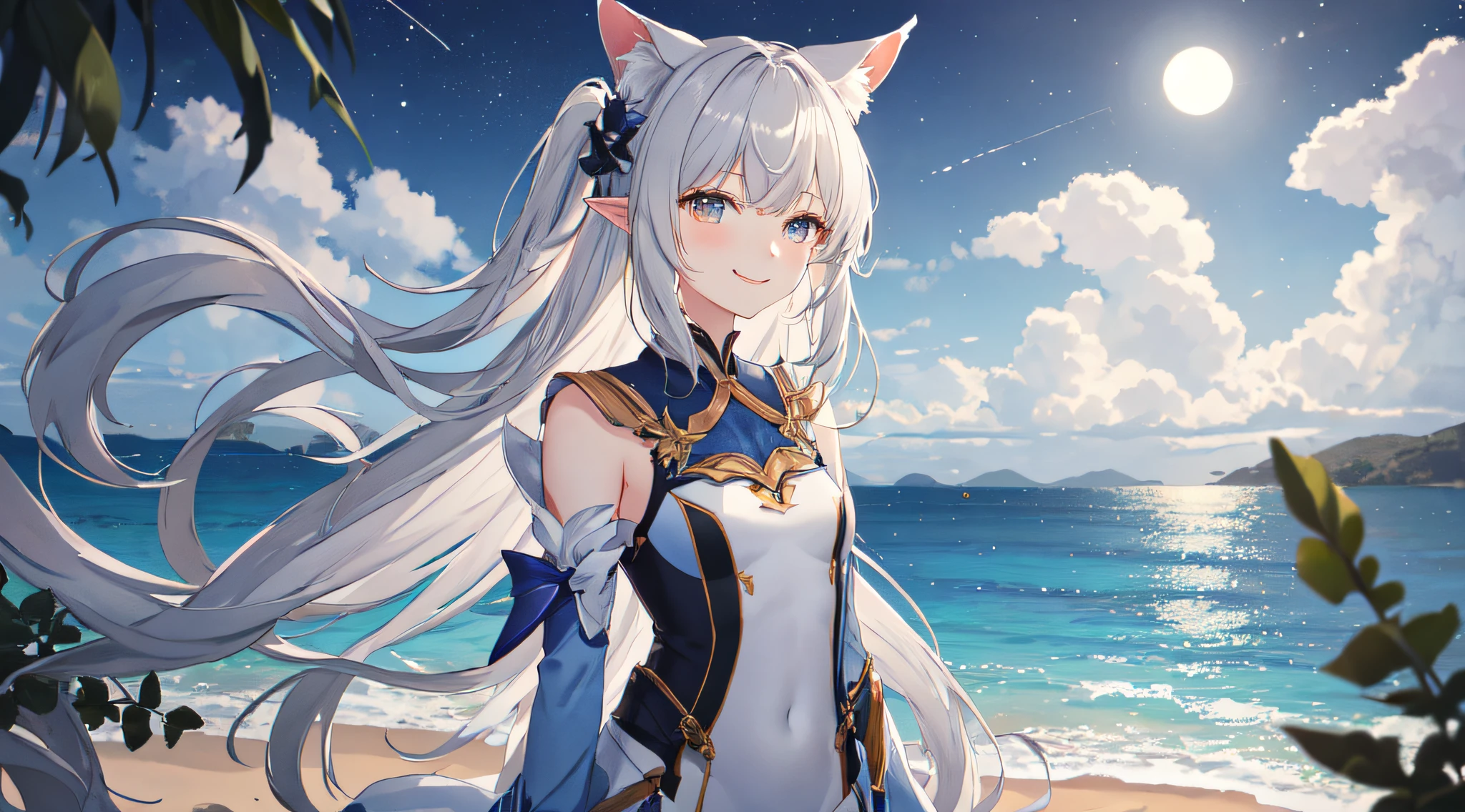 Best quality, tmasterpiece, A high resolution, Alone, {natta:1.10}, {starrysky:1.10}, sea beach, beautiful detailed sky, {extremely detailed background:1.20}, {thymus_arknight:1.15}, {Eternal:1.10}, looking at viewert, {比基尼:1.30}, through bangs, Hooters_Hall, long_the hair, The white_the hair, orange colors_eyed, 's_eyed, Upp_body, Gray_the hair, deactivate_beaks, merit_the hair, light  smile