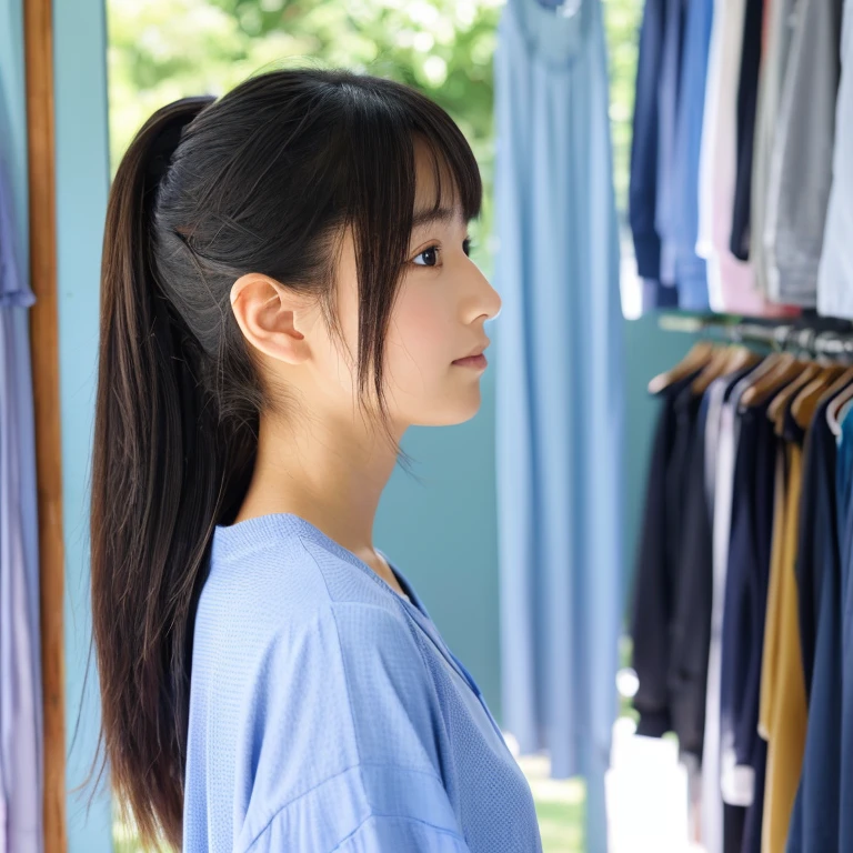 An ultra-high picture quality、Perfect Photo、japanes、japanese beauty girl、、((((profile))))、Small eyes、Slender eyes、dressing room、summer clothing、Photography Staff、Photography Studio、A dark-haired、Okabo head、Layer Hair、up looking、