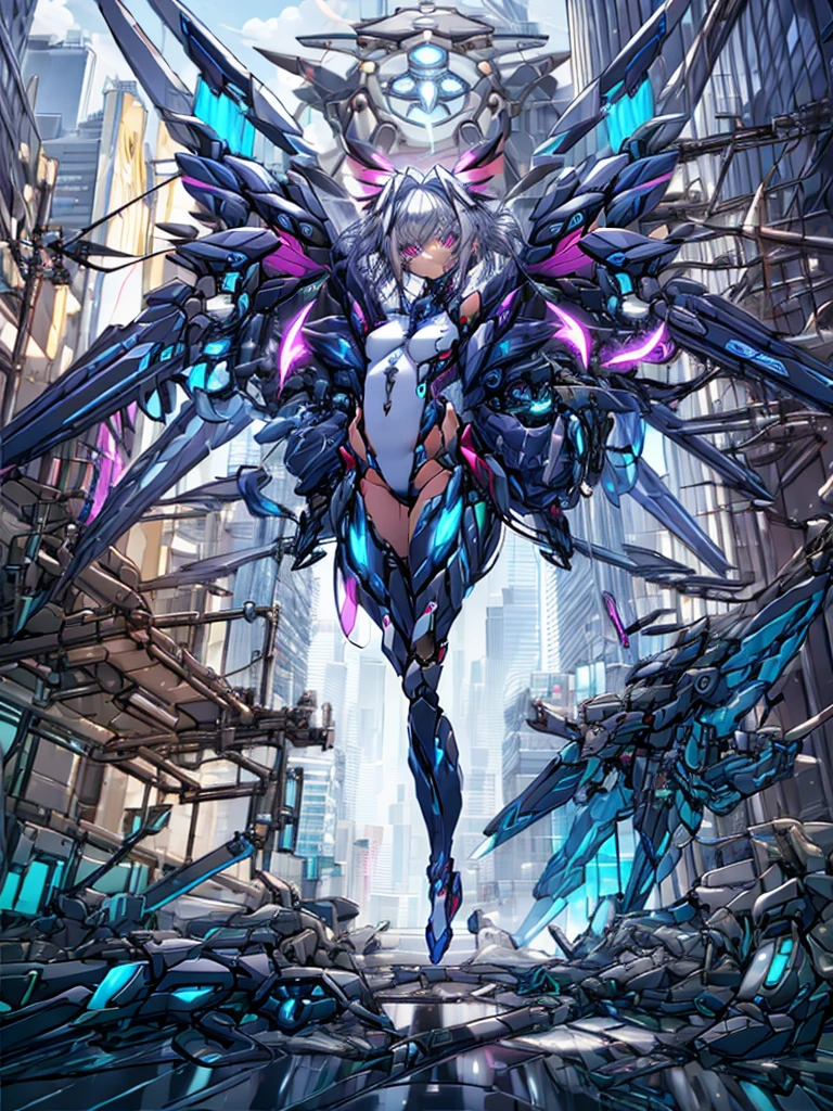 top-quality、ighly detailed、​masterpiece、ultra-detailliert、illustratio、((1girl in))、silber hair、length hair、Floating hair、、Cyber City、Neon building、(The upper part of the body:1.05)、extremely_Detailed_Eyes_And_Face,cybernetic wings mechanical wings、Random posture、Skyscraper、、Mechumusume、shrine maiden clothe,maid clothes、Random angles、anime styled,cowboy  shot