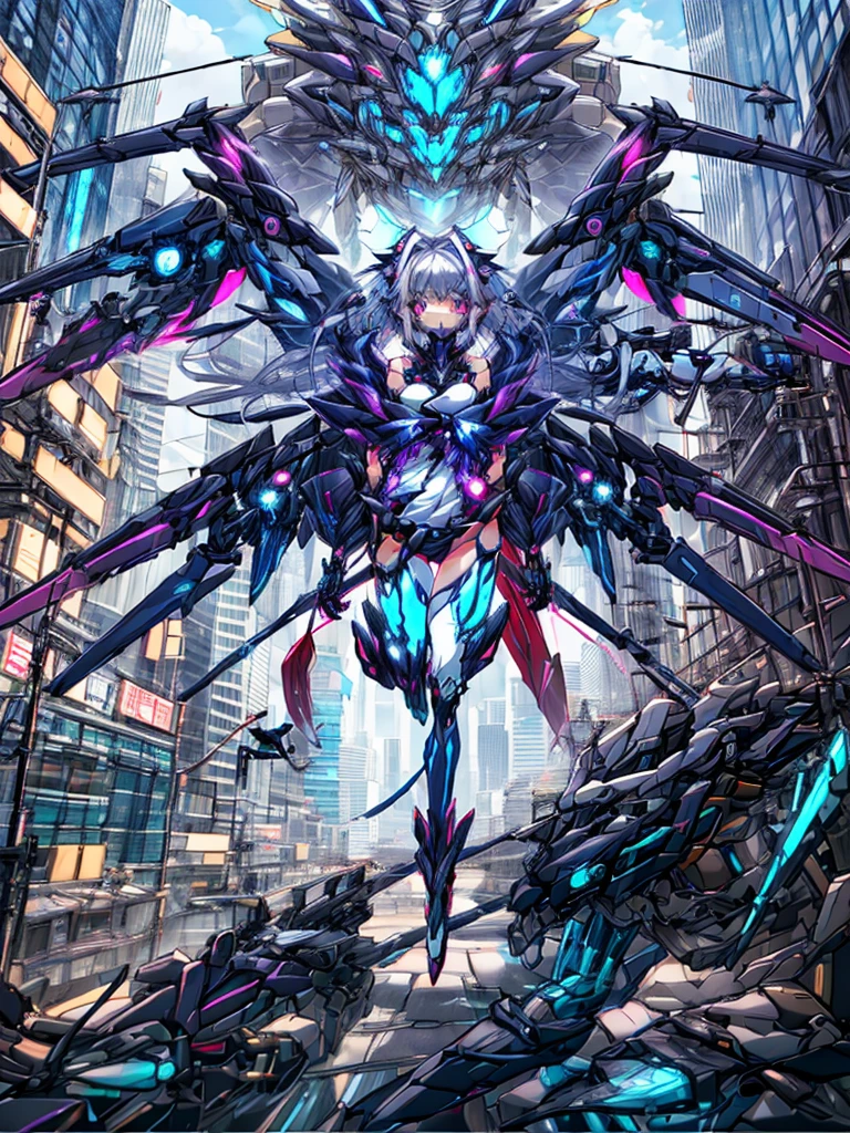 top-quality、ighly detailed、​masterpiece、ultra-detailliert、illustratio、((1girl in))、silber hair、length hair、Floating hair、、Cyber City、Neon building、(The upper part of the body:1.05)、extremely_Detailed_Eyes_And_Face,cybernetic wings mechanical wings、Random posture、Skyscraper、、Mechumusume、shrine maiden clothe,maid clothes、Random angles、anime styled,cowboy  shot