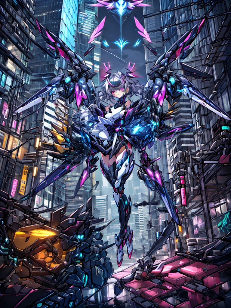 top-quality、ighly detailed、​masterpiece、ultra-detailliert、illustratio、((1girl in))、silber hair、length hair、Floating hair、、Cyber City、Neon building、(The upper part of the body:1.05)、extremely_Detailed_Eyes_And_Face,cybernetic wings mechanical wings、Random posture、Skyscraper、、Mechumusume、shrine maiden clothe,maid clothes、Random angles、anime styled,cowboy  shot