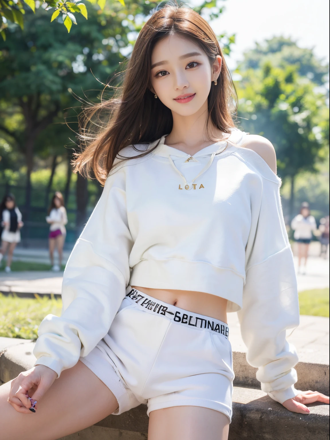 ((((top-quality))))、(((Ultra Precision CG16K Wallpapers)))、(((masterpiece)))、(((ultra-detailliert)))、(((Ultra-extreme details)))、1Man Woman、a matural female、a 25yo woman、((Korean Face))、((extremely beautiful face))、((K-pop idol、WONYOUNG:1.5))、((Straight semi-long hair:1.3))、(shinny hair)、Bangs up to the eyebrows、Beautiful brown hair、Beautiful delicate eyes、Brown eyes、raised eyebrows、lofty nose、small nostrils、Small mouth、seductive lips、slightly open mouth、Beautiful breasts、C-cup size breasts、cleavage of the breast、Plump body、perfectly proportions、perfect anatomia、perfect-composition、beautiful detailed shading、Beautiful natural lighting、Beautiful detail glow、depth of fields、(((a high chroma)))、(((realisitic:1.9)))、((Vivid:1.4))、((Beautiful skin))、((Skin texture))、((Realistic skin feeling))、(((Head-to-thigh shot:1.5)))、((Frontal angle:1.5))、((a smile:1.4))、(Eyes looking at me)、Bright sunshine、(((standing in park:1.5)))、(standing pose)、(((white sweatshirt clothes:1.6)))、(((Wearing white shorts:1.6)))、