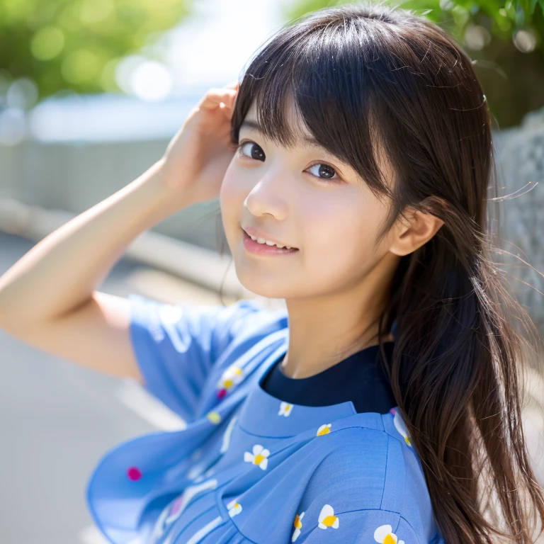 An ultra-high picture quality、Perfect Photo、japanes、japanese beauty girl、15yo student、((((profile))))、Small eyes、Slender eyes、summer clothing、Photography Staff、Photography Studio、A dark-haired、Okabo head、Layer Hair、up looking、