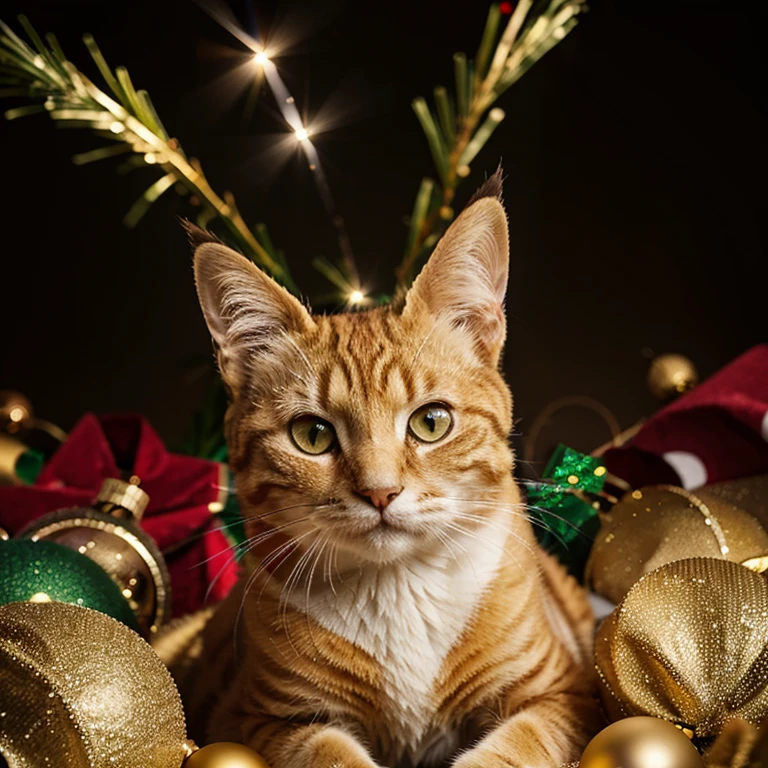 yellow cat wearing a Christmas hat chrismas background