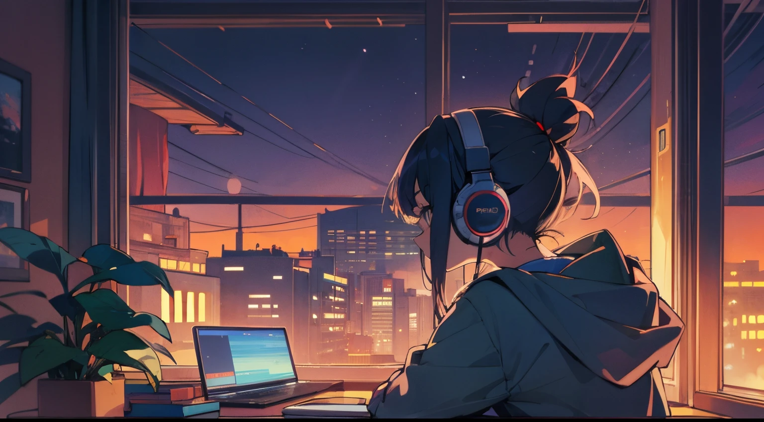 (from behind), anime girl sitting in front of a computer in a cozy bedroom, girl listening to music in a cozy room at (night), using headphones, in a rooftop, (beautiful night views from windows), lots of stuff, 2D anime style, 90s anime aesthetic, Lo-fi, highly detailed, Hard disk, anime style mixed with fujifilm, hyper realistic, 8k, Masterpiece