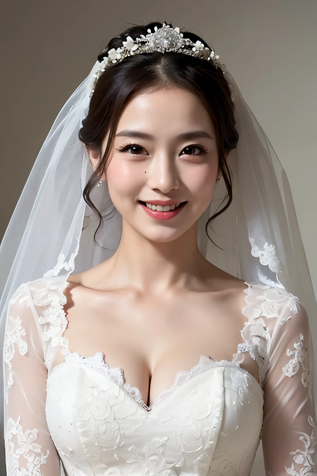 (masutepiece:1.2), High Definition, High quality,(65-year-old woman:1.2)、(Wrinkles on the face:1.2)、Beautie,(A line wedding dress:1.4), Puffy sleeves,Big breasts,Smile,