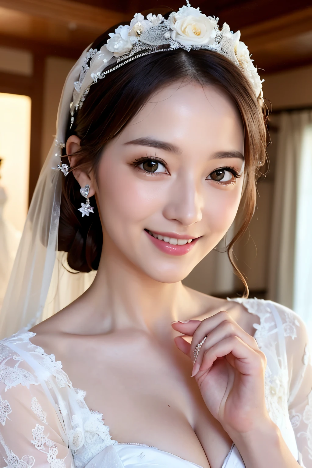 (masutepiece:1.2), High Definition, High quality,(65-year-old woman:1.2)、(Wrinkles on the face:1.2)、Beautie,(A line wedding dress:1.4), Puffy sleeves,Big breasts,Smile,