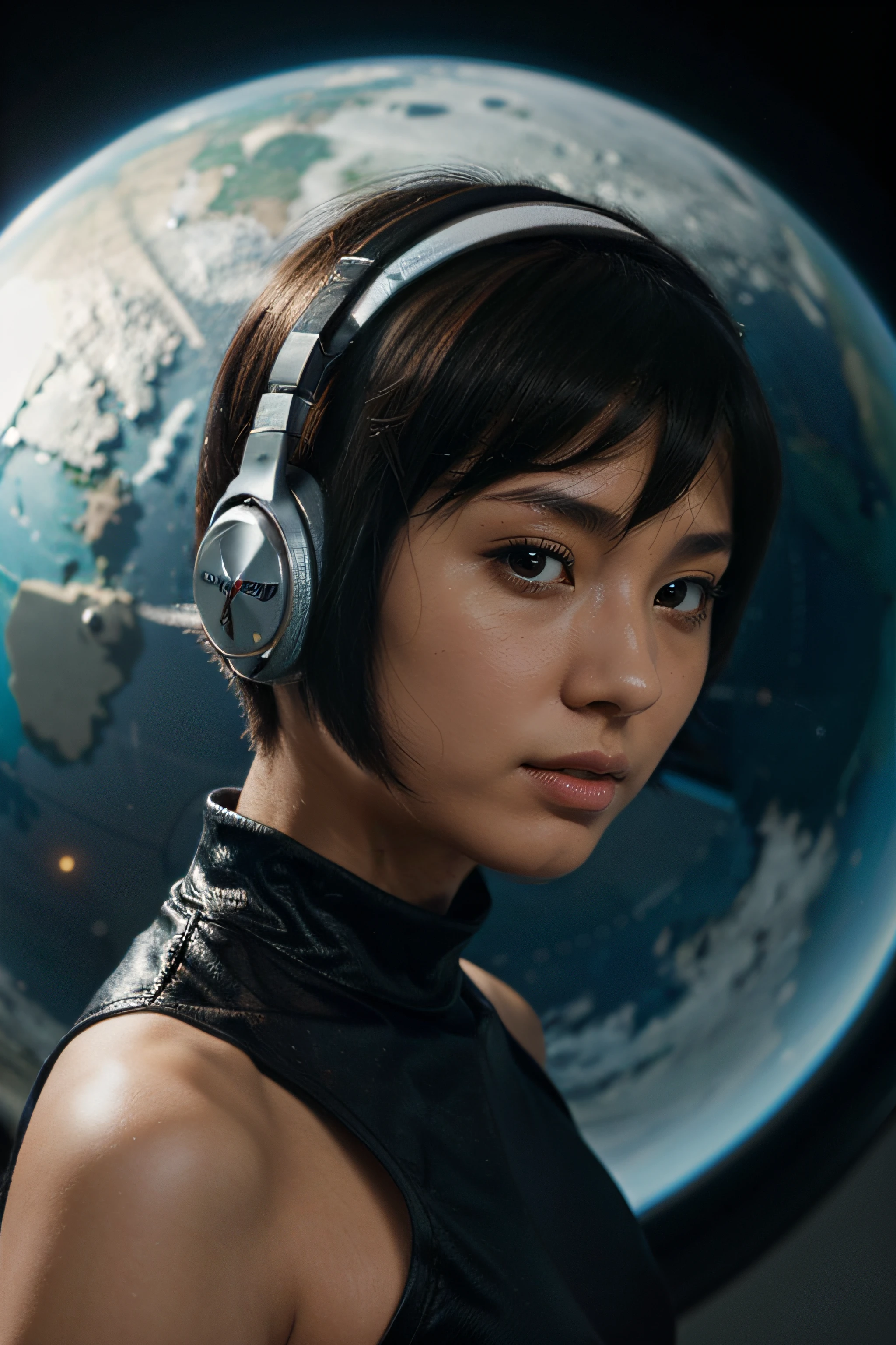 space fighters, japanaese girl, planet, head band, short cut hair, headphones with microphone