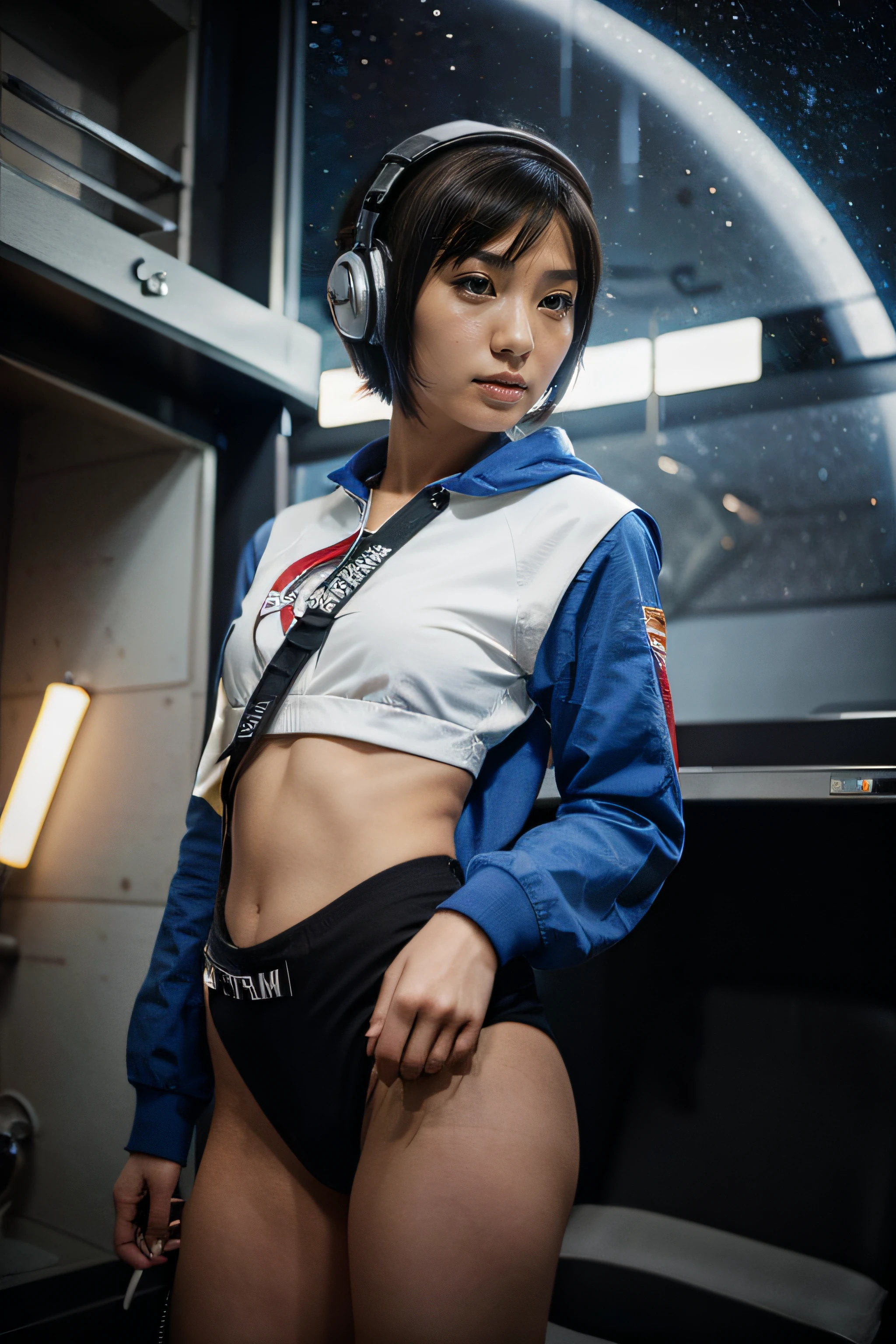 space fighters, japanaese girl, planet, head band, short cut hair, headphones with microphone