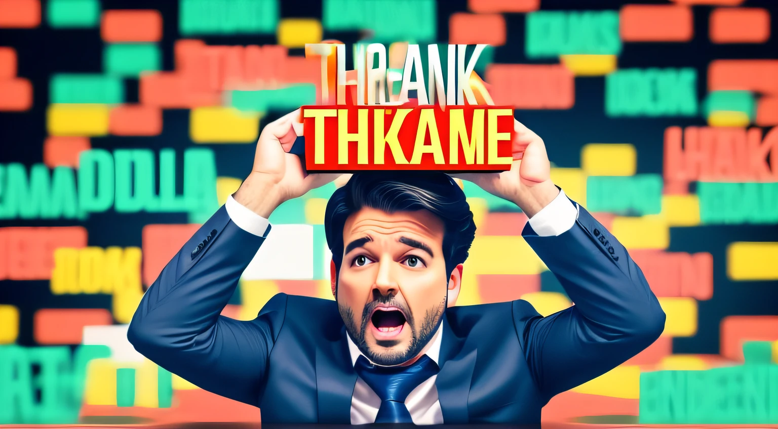 create thumbnail photo, in background create colors, use some advanced fonts, the channel is about stocks, the name is "Think-IT", the man has hands over his head, being surprised