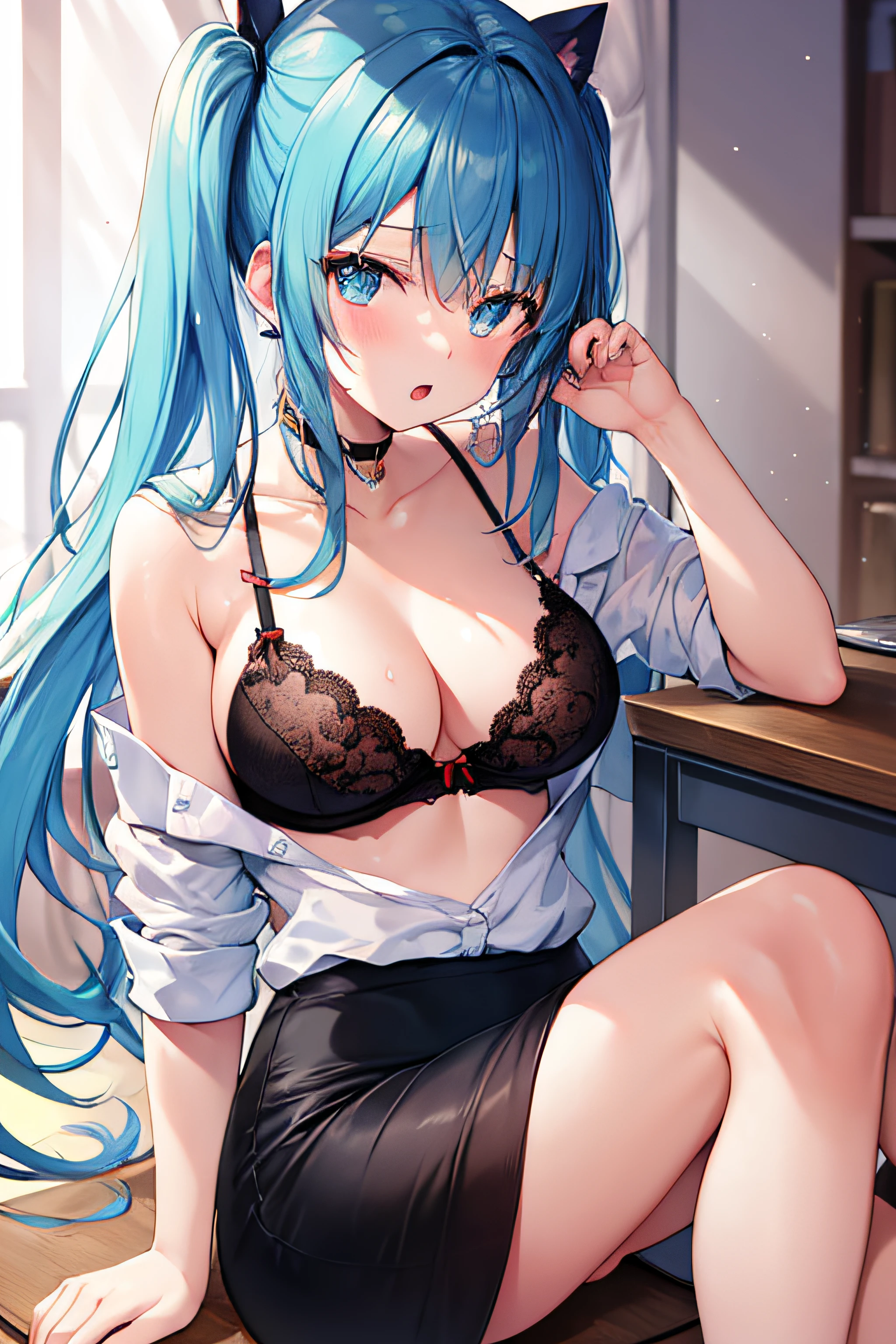 masterpiece、Top image quality、超A high resolution、NSFW、miku hatsune、blue hairs、Twin-tailed、Blushing、is in estrus、mock、Open your mouth just a little、White dress shirt with open chest、firm breasts、well-shaped breasts、pencil skirts、spread your legs wide、M-shaped spread legs、lace bra、Lace panties、sitting at office desk with legs wide apart、Office、Night