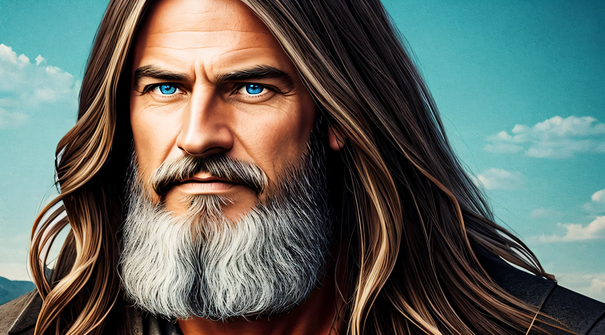 Very high quality, detalhes marcantes, super high resolution, The best illustration, favor details, The Noah-style man and his ark, com um rosto envelhecido e cabelos longos, olhos azuis.