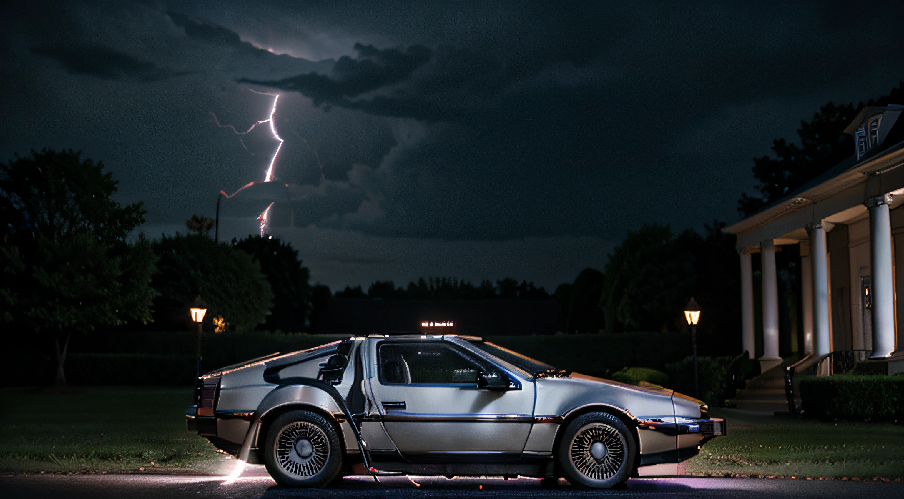 the delorean from back to the future HD quality in front of the tiown hall at night with lightning in the back ground.