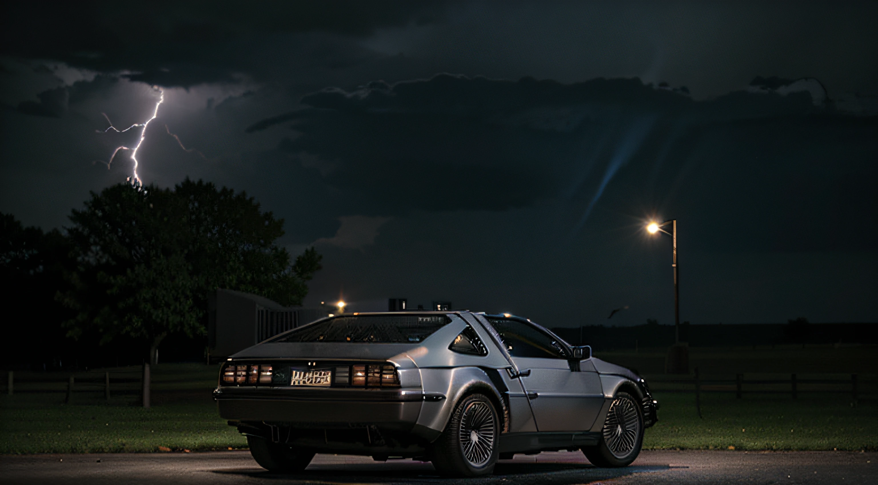 the delorean from back to the future HD quality in front of the tiown hall at night with lightning in the back ground.