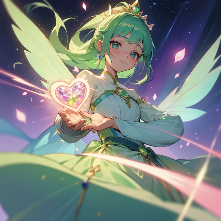 14years,a beauty girl,Precure,A warrior,Magical Warrior,Healthy white skin,European style,fairy of leaves and love,Emerald green and white dress sparkling with rainbow crystals,Colorful eyes,Sparkling eyes,eyes full of love,A-cup,animesque,Aurora sparkling blue-green hair,long pony tail,golden tiara with jewels,Gentle,Cool,Cute,Full of love,stele,Leaf motifs,fronds,Images of nature,Aurora pastel green soft long skirt,bro,The human,huge smile,pastel rainbow fairy wings,Aurora,rainbows,独奏,high-level image quality,hightquality,Best Quality,Pastel Rainbow,tenderness,heart mark,aurora ribbon,pink heart jewelry,white glove,cute little,myterious,easygoing,发光,wind motif,Fight with magic,long flowing sleeves,Pedras preciosas,pure,faerie,Fantasia,Fancy,Magical,Emeraude,peridot,Rose Quartz,opal,rainbow jewel,a moon,night sky full of stars,kosmos,Aurora,magical forest,presence,Using the magic of leaves and love,A sparkling aurora pink heart-shaped gemstone is coming out of the hand.,Looking ahead