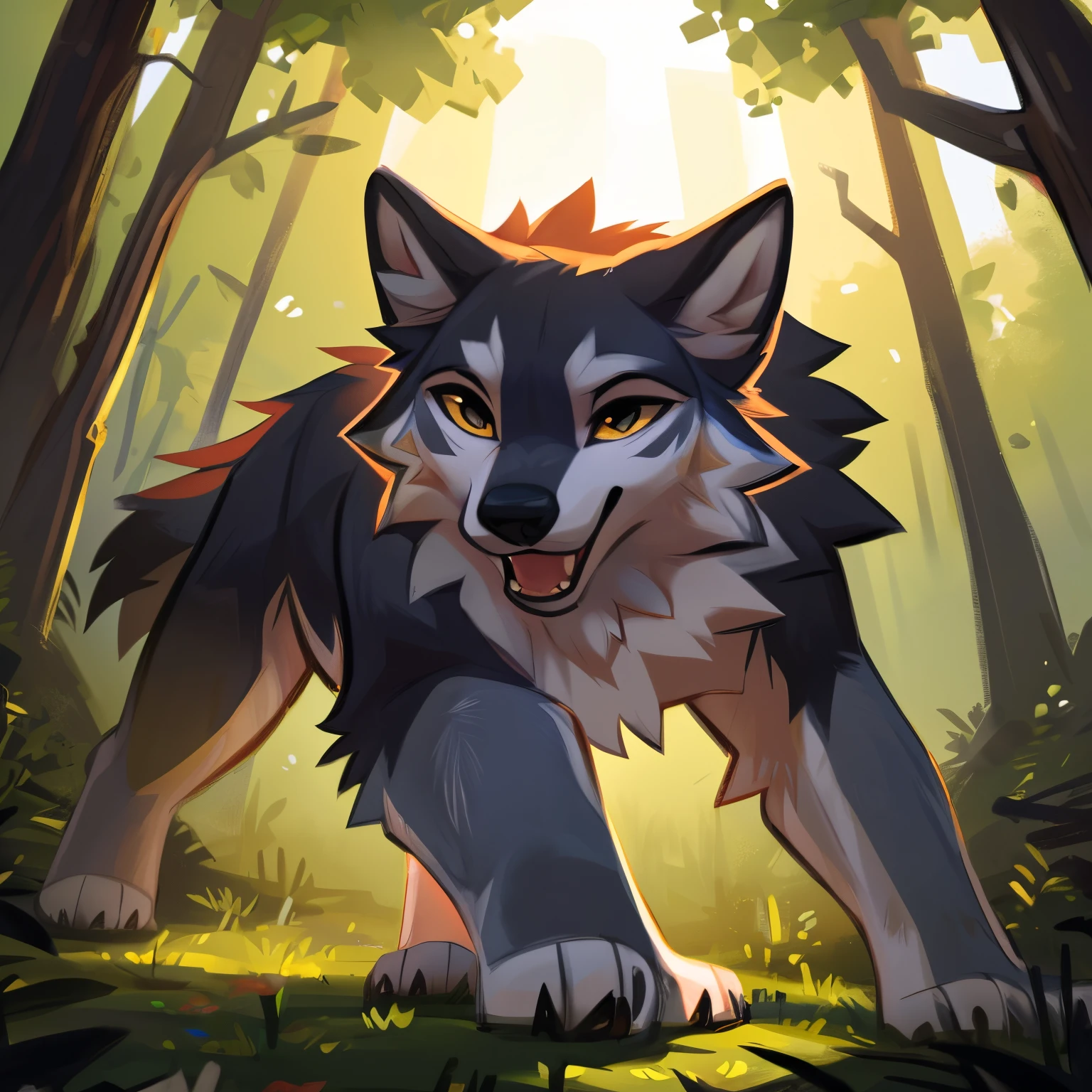 furry art, minecraft,feral wolf art, white body, balls, sheath,face grey marking, explicit art, art by hyilpi, illustration, vibrant colored fur, detailed fur texture, realistic eyes, playful expression, dynamic pose, forest background, sunlit atmosphere, high quality, 4k resolution, vivid colors, fine details, stylized lighting, digital painting