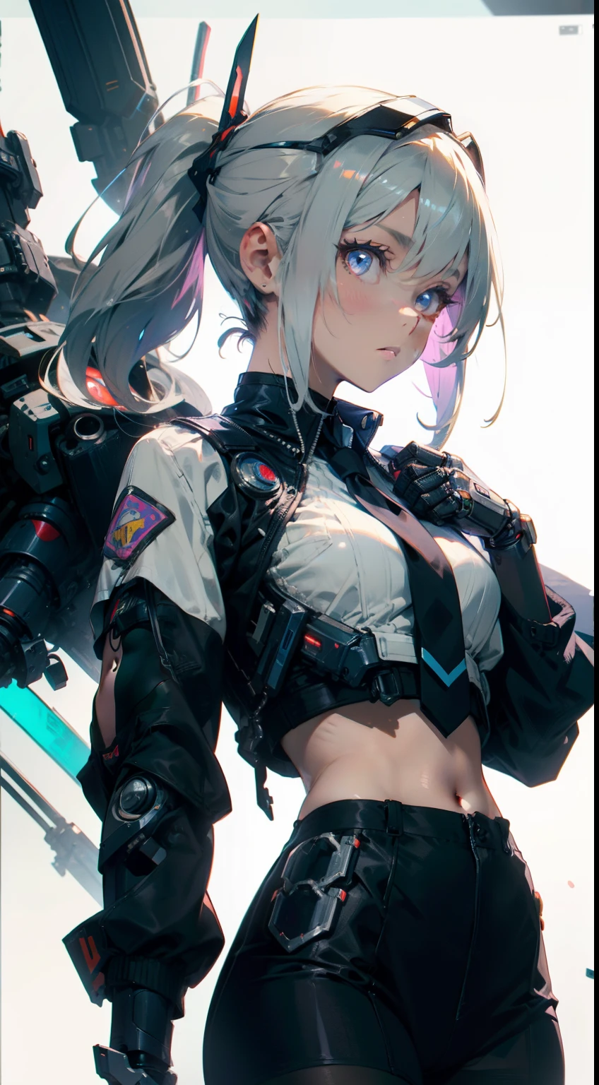 (flat color),(colorful),(masterpiece:1.2), best quality, masterpiece, looking at viewer, white background,
1girl, white hair, slightly curly hair, expressionless, ponytail, side braid,
mecha bodysuit, mecha museum, mechanical parts,robot joints, headgear, cyberpunk, neon_trim, glowing neon lights, blue, purple,
open jacket,black sheer pantyhose, visible through (sheer crop top), shirt,
garter,necktie, navel, gloves,Hand katana,
techwear jacket, with buckle and tape, black gloves, tactical vest,cyberhelmet,cyborg,(helmet)