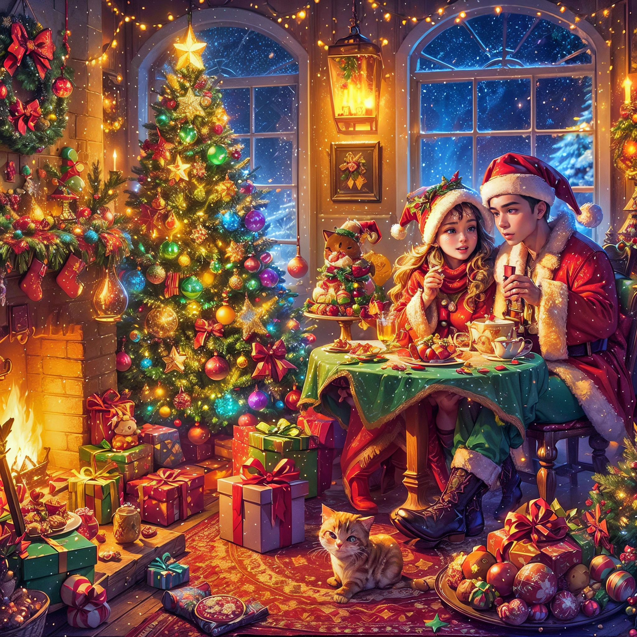 (((Vector illustration style)))，vivd colour，magical ambiance，whimsically，Sparkling，Fantasy Christmas world，In the room，A couple wearing Santa Claus costumes enjoying Christmas dinner。The room  decorated with a tall Christmas tree，Covered with flashing lights，Decoration  colorful。There are gift boxes stacked next to it，Exquisite packaging reveals expectations and surprises。A warm fire burns in the fireplace，Various Christmas decorations are placed around，There  also a funny portrait of Santa Claus hanging on the fireplace。Gingerbread cookies on the table、Cane sugar、Christmas delicacies such as candies。Kitten at feet lies on Christmas rug，wearing a red scarf，Seems to be enjoying this moment。The room  filled with a strong Christmas atmosphere，full of joy and，Intoxicating, (Perspectives, first person perspective, jib style colors, Glowing light, 电影灯光, hyper HD, tmasterpiece, Acura, Anatomically correct, ctextured skin, super detailing, high detal, high high quality, Award-Awarded, Best quality, 4K)