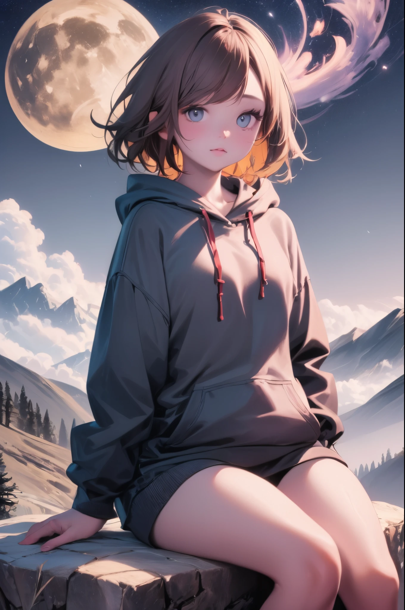 (extraordinary、Best-aesthetic、new、newest、best qualtiy、​masterpiece、A highly detailed、animesque、waifu:1.2)
BREAK 
1girl, 独奏, Brown-haired short bob,natural color hoodie, sitting on a huge rock,murky、dark、The background  a mountain, natta, fullmoon、starrysky、