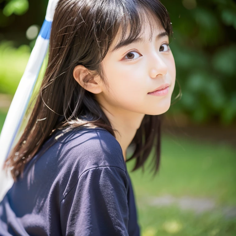 An ultra-high picture quality、Perfect Photo、japanes、japanese beauty girl、15yo student、((((profile))))、Small eyes、(((closing eye)))、Slender eyes、summer clothing、Photography Staff、Photography Studio、A dark-haired、Okabo head、Layer Hair、up looking、