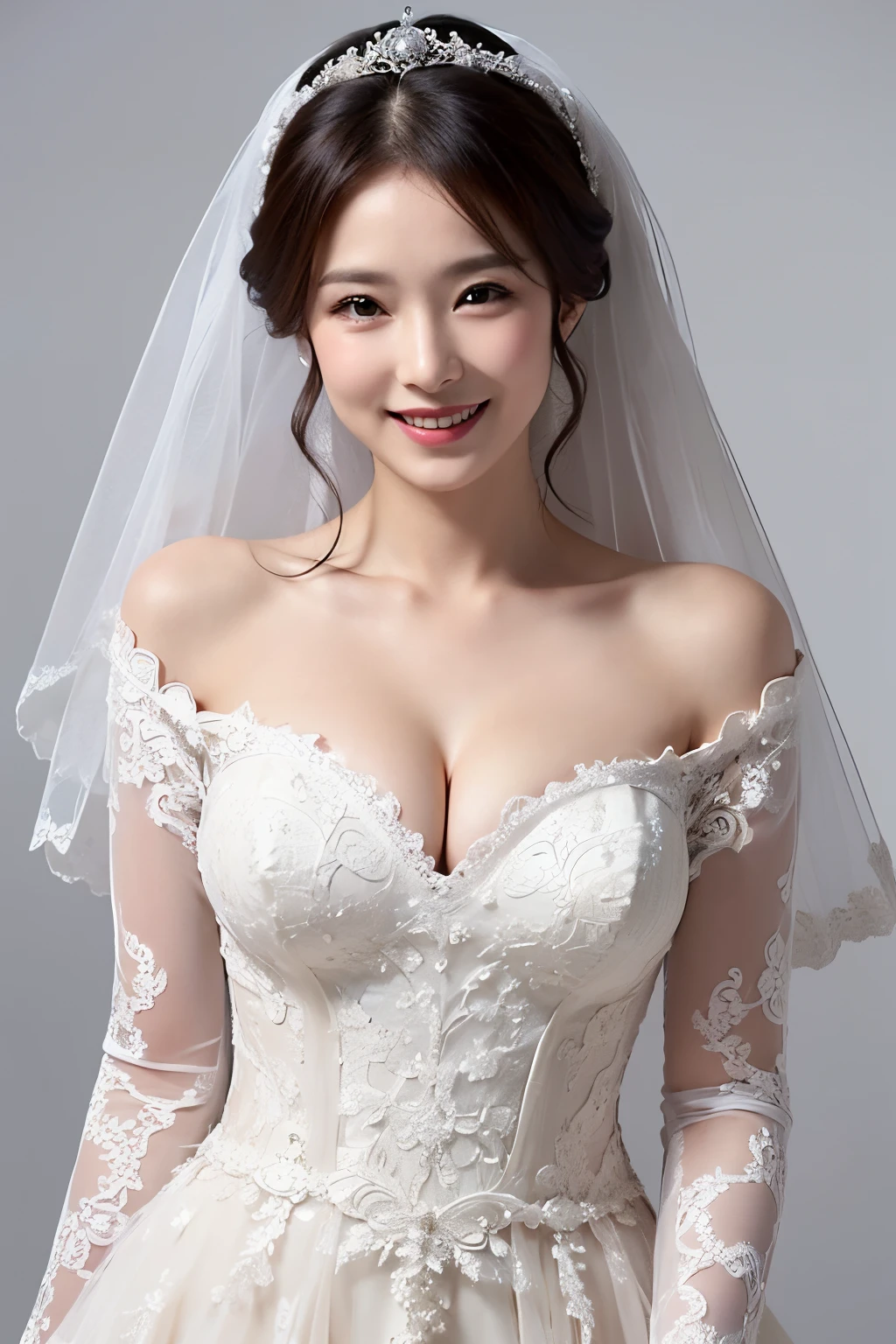 (masutepiece:1.2), High Definition, High quality,(65-year-old woman:1.2)、(Wrinkles on the face:1.2)、Beautie,(Line Wedding Dresses:1.4), Puffy sleeves,Big breasts,Smile,
