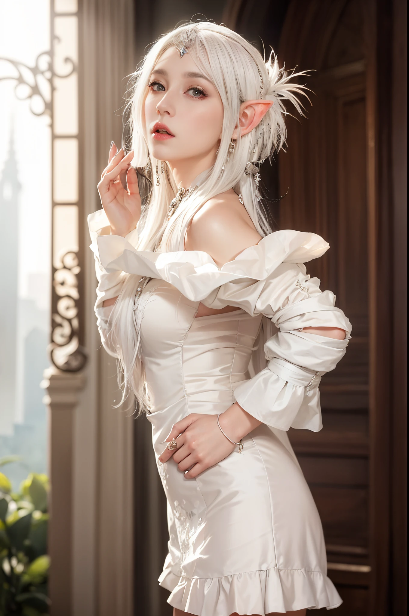 (bestquality、A masterpie:1.2)、Ultra High Res、lifelike、Front lighting、with intricate details、Exquisite details and textures、1girl、solo、(young)、Facial Highlights、fulllllbody、Detailed face、Teardrop mole、White Skin、Silver hair、ponytails、Braid hair、Watch your audience、s big eyes、Silk robes、(Hollow pattern、WHITE、silk)、ear ring、tiny breasts、Slim body、Luxurious room、professional Lighting、Photon mapping、 Radiosity、physically based rendering、(((pull up skirt、White lace panties visible))
