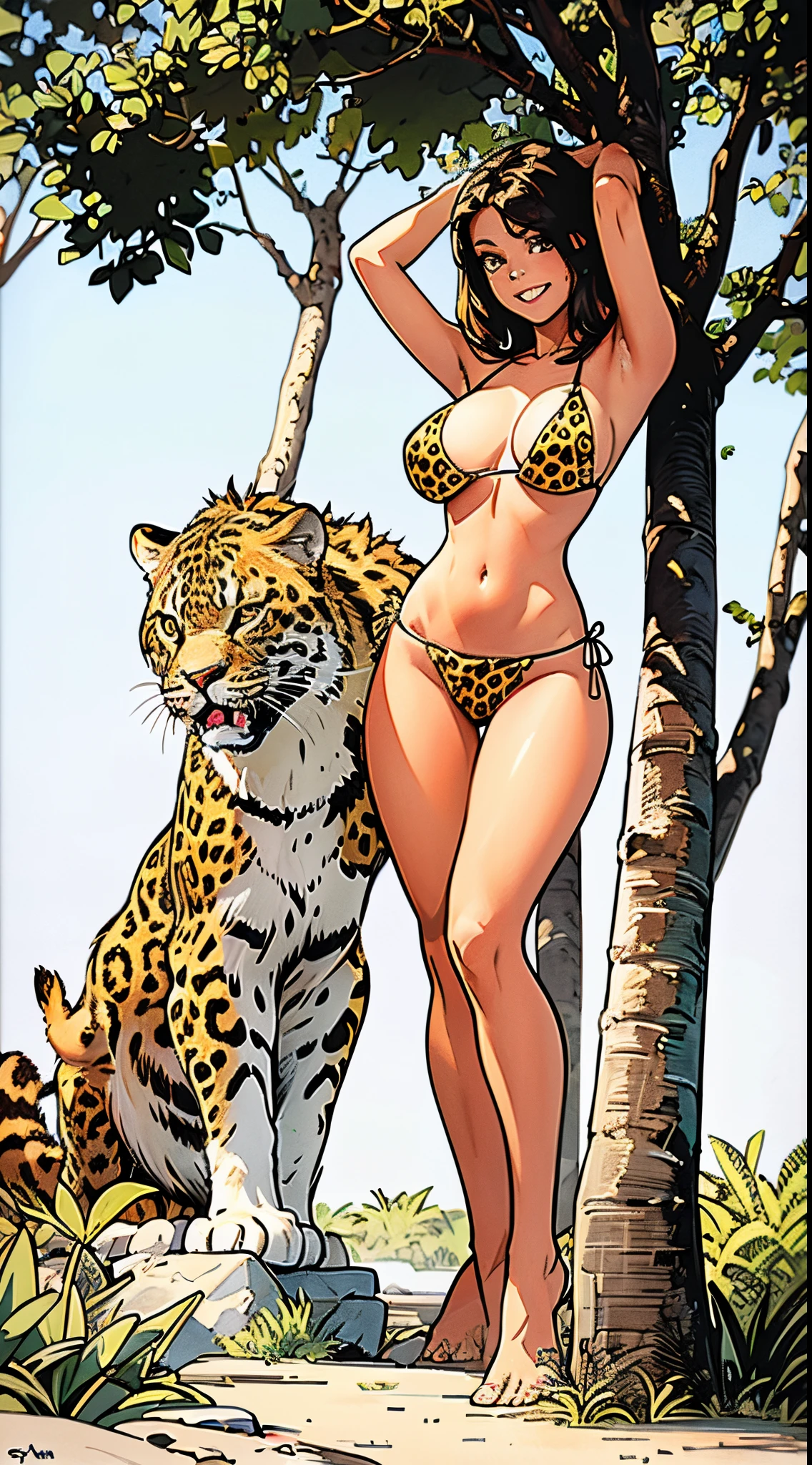 1girl, cavewoman, smile, bikini with a leopard print, full body image, masterpiece, best quality, high quality, highres, absurdres, on her knees, gradient hair, topless, naked, amnification, flat color, simple color, thick lines, traditional media